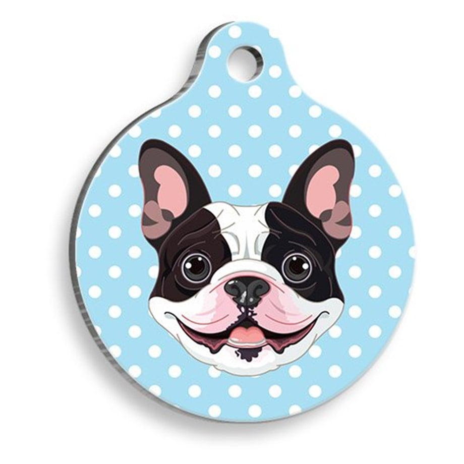 Blue Polka Dot French Bulldog Round Dog Tag