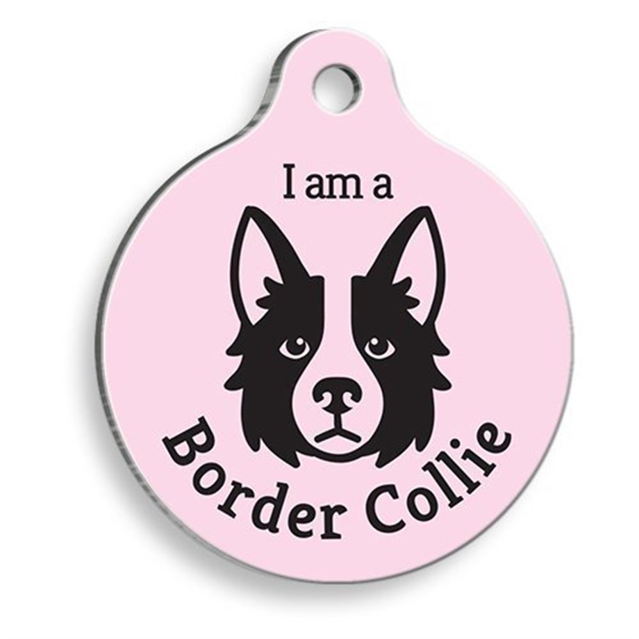Pink Border Collie Round Dog Tag
