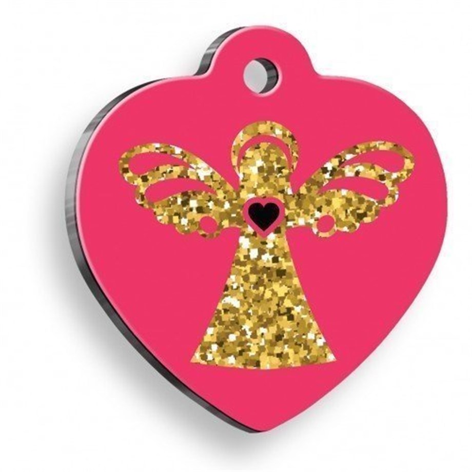 Pink Sparkling Angel Heart Shaped Cat Dog Tag