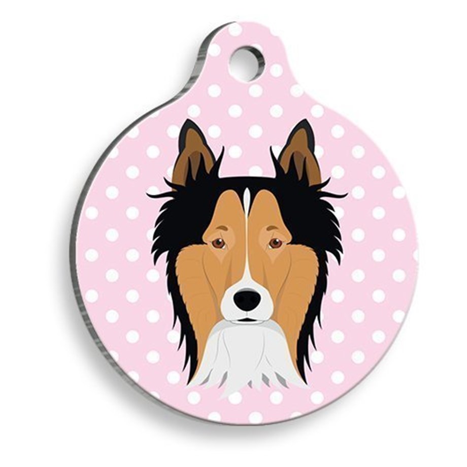 Pink Polka Dot Border Collie Round Dog Tag