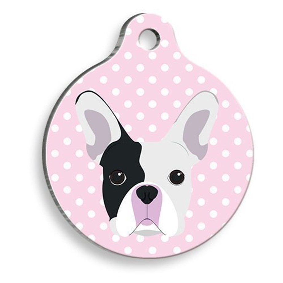 Boston Terrier With Pink Polka Dot Round Dog Tag