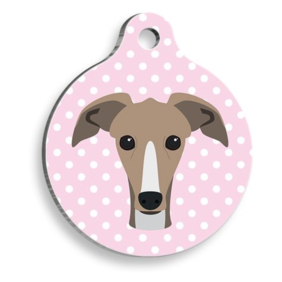 Greyhound With Pink Polka Dot Gray -Round Dog Tag
