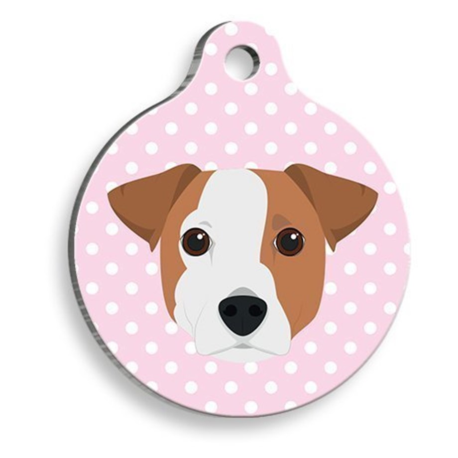 Pink Polka Dot Jack Russel Round Dog Tag