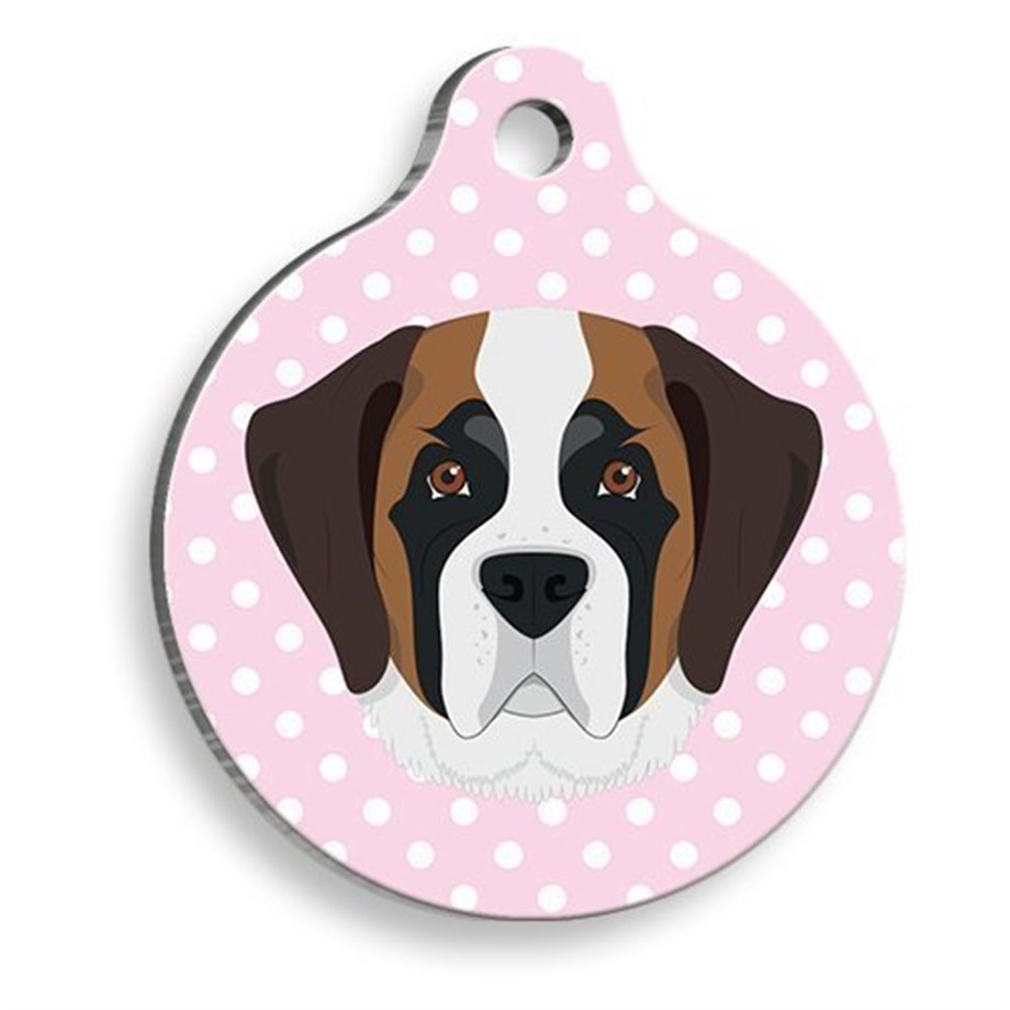 Saint Bernard With Pink Polka Dot Round Dog Tag