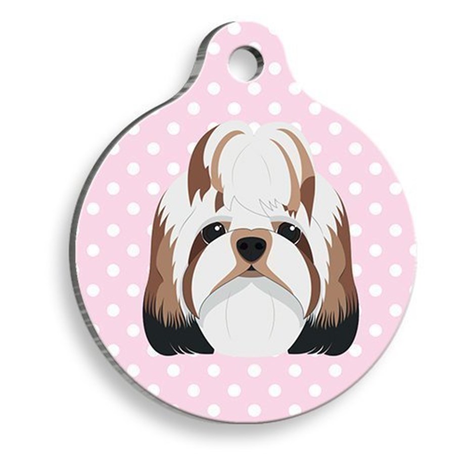 Pink Polka Dot Shih Tzu Round Dog Tag