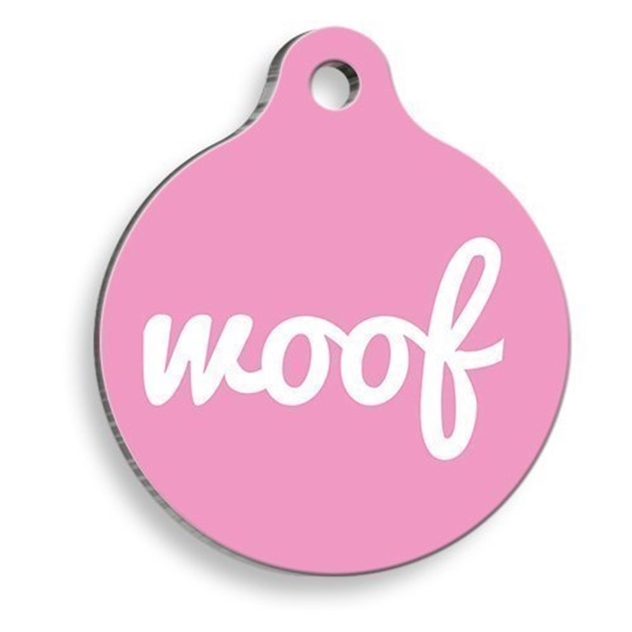 Pink Woof Round Dog Tag