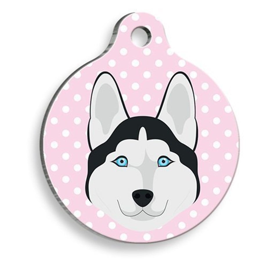 Polka Dot Pink Husky Round Dog Tag