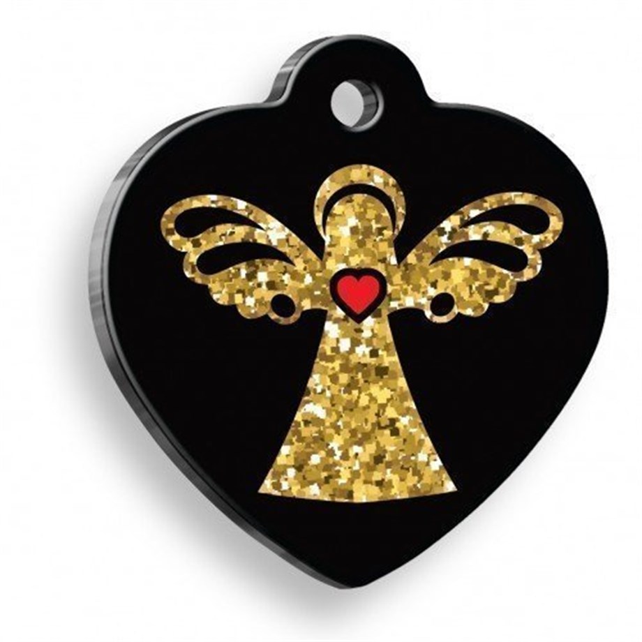 Black Sparkling Angel Heart Shaped Cat Dog Tag