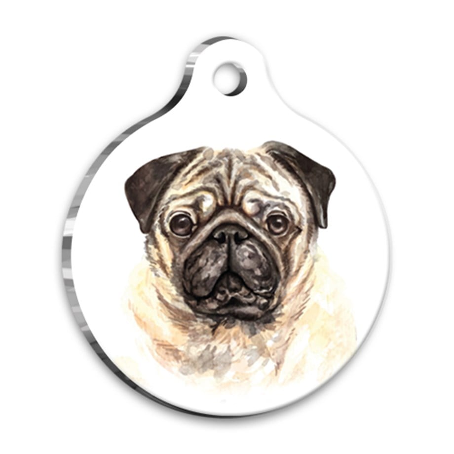Watercolor Pug Round Dog Tag