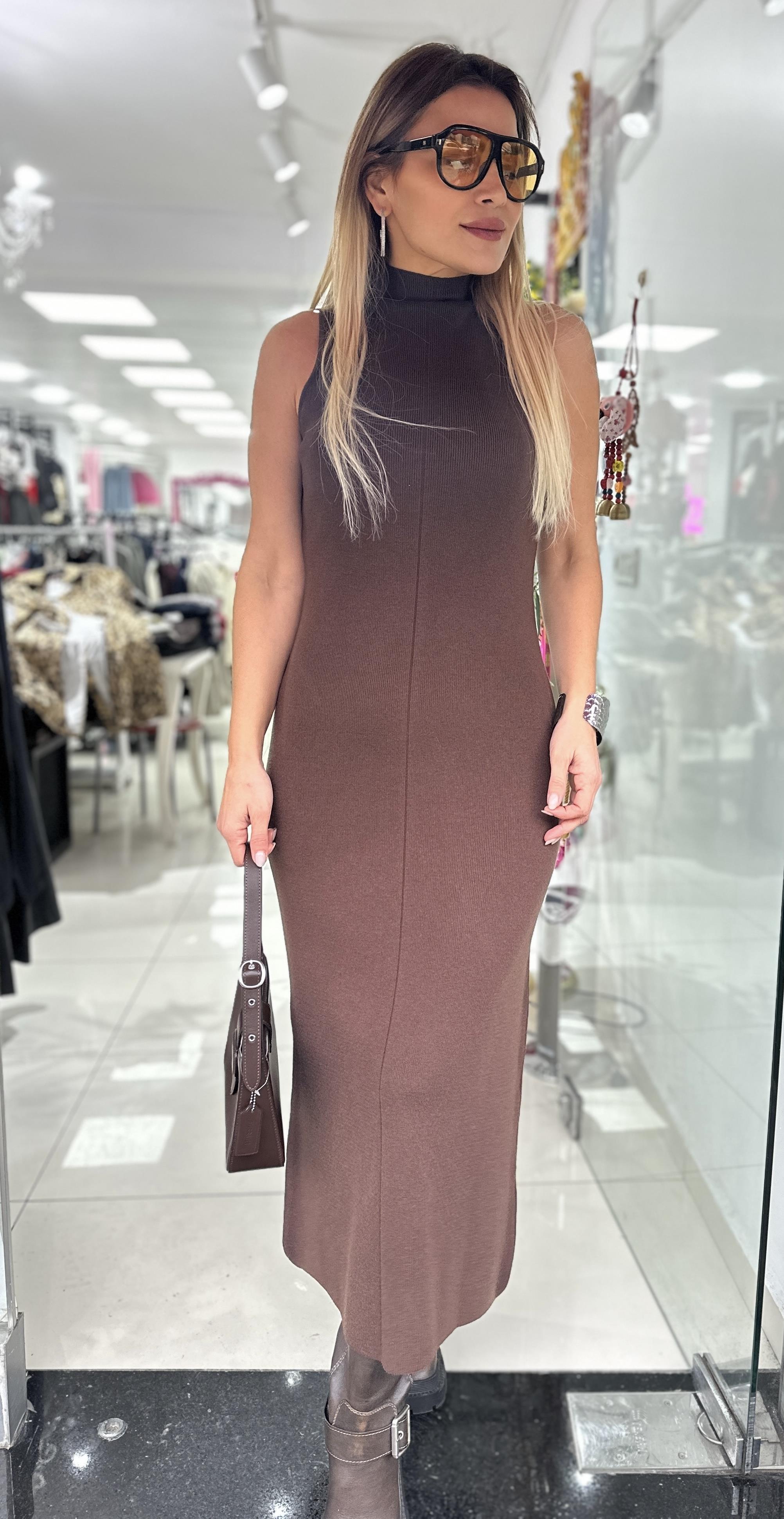 Acı Kahve Dik Yaka Triko Elbise