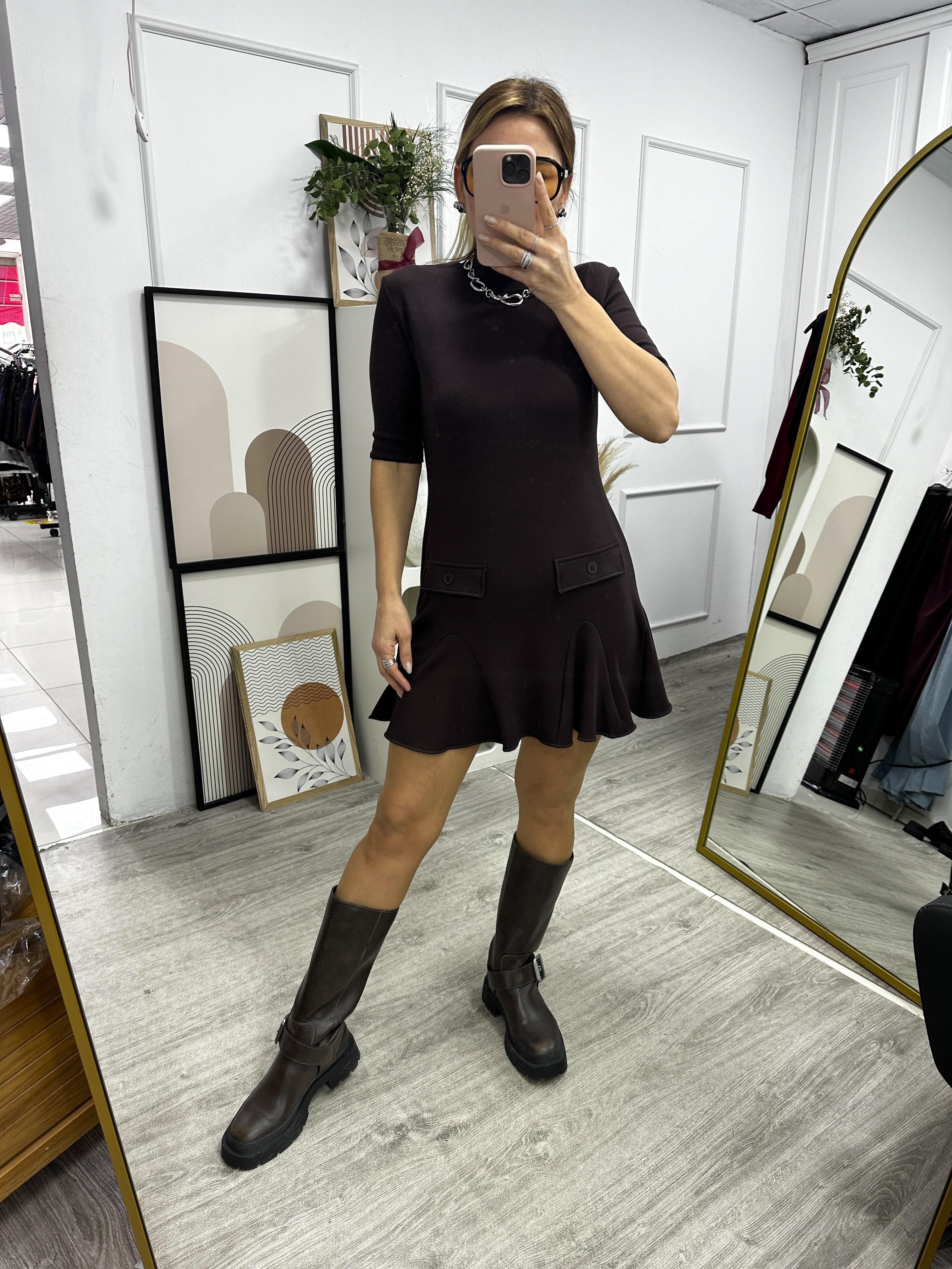 Acı Kahve Godeli Kısa Elbise