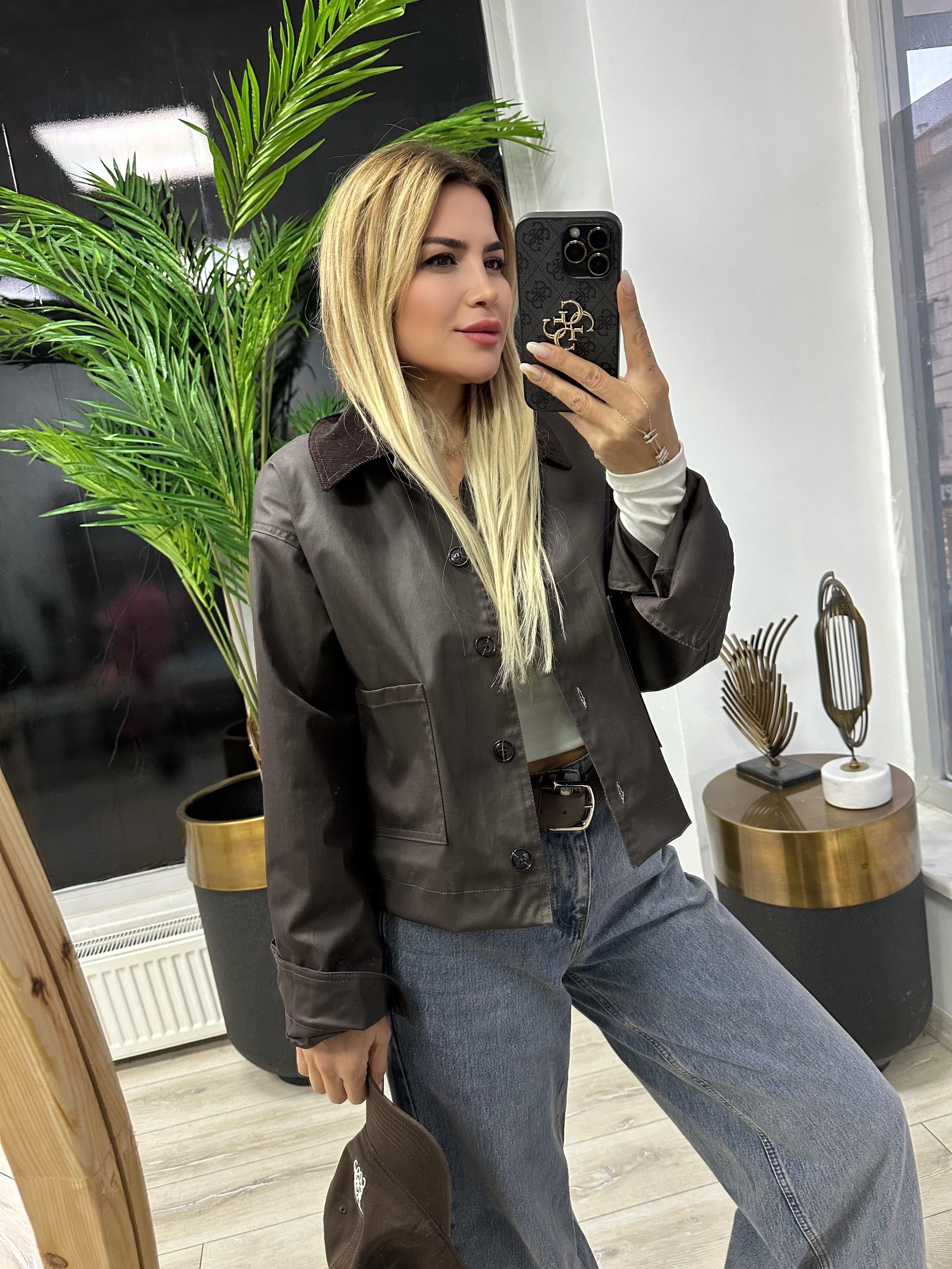 Acı Kahve Yağlı Kumaş Astarlı Kadife Yaka Ceket