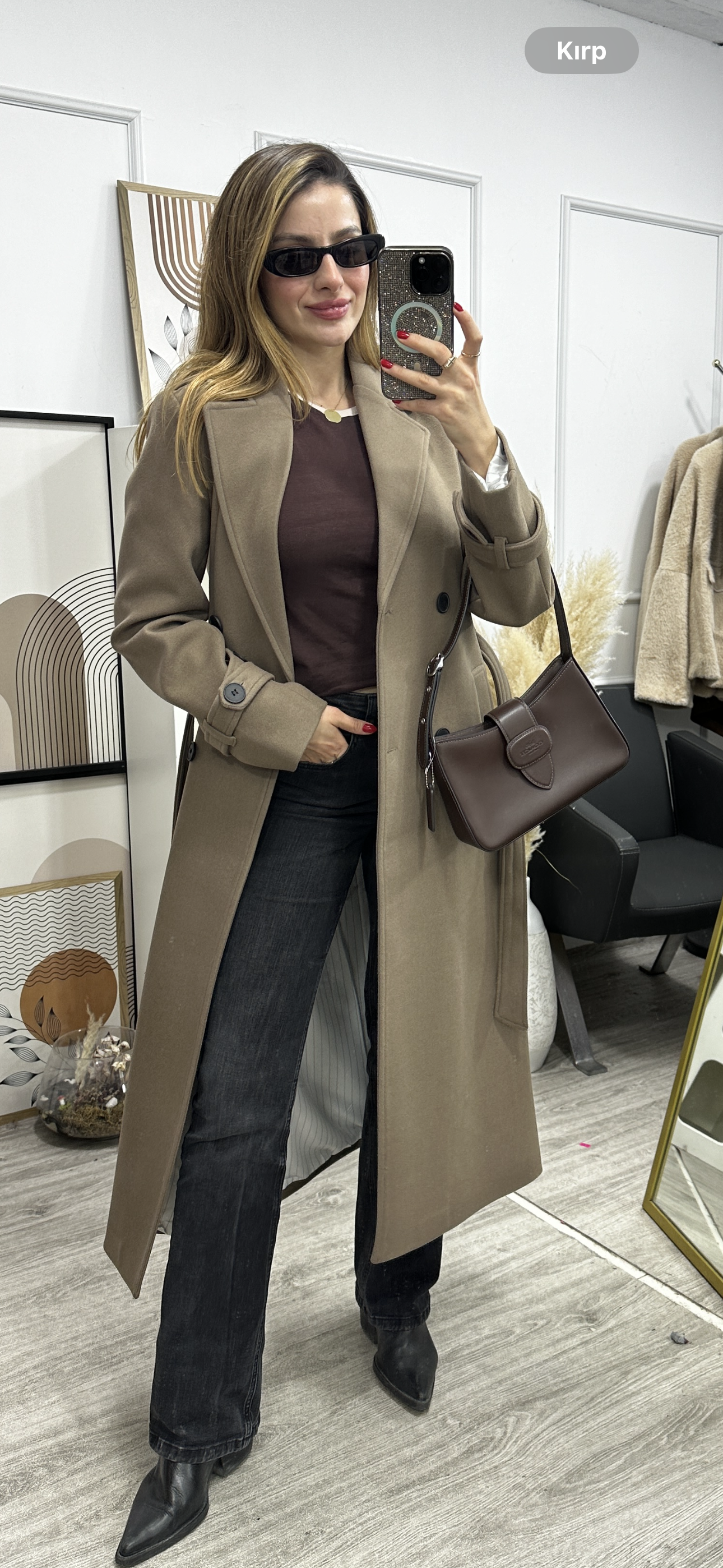 Açık Kahve Düğmeli Kuşaklı Kaban 