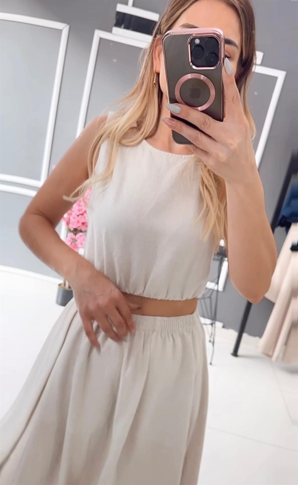 ALV Ekru Keten Crop Etek Takım