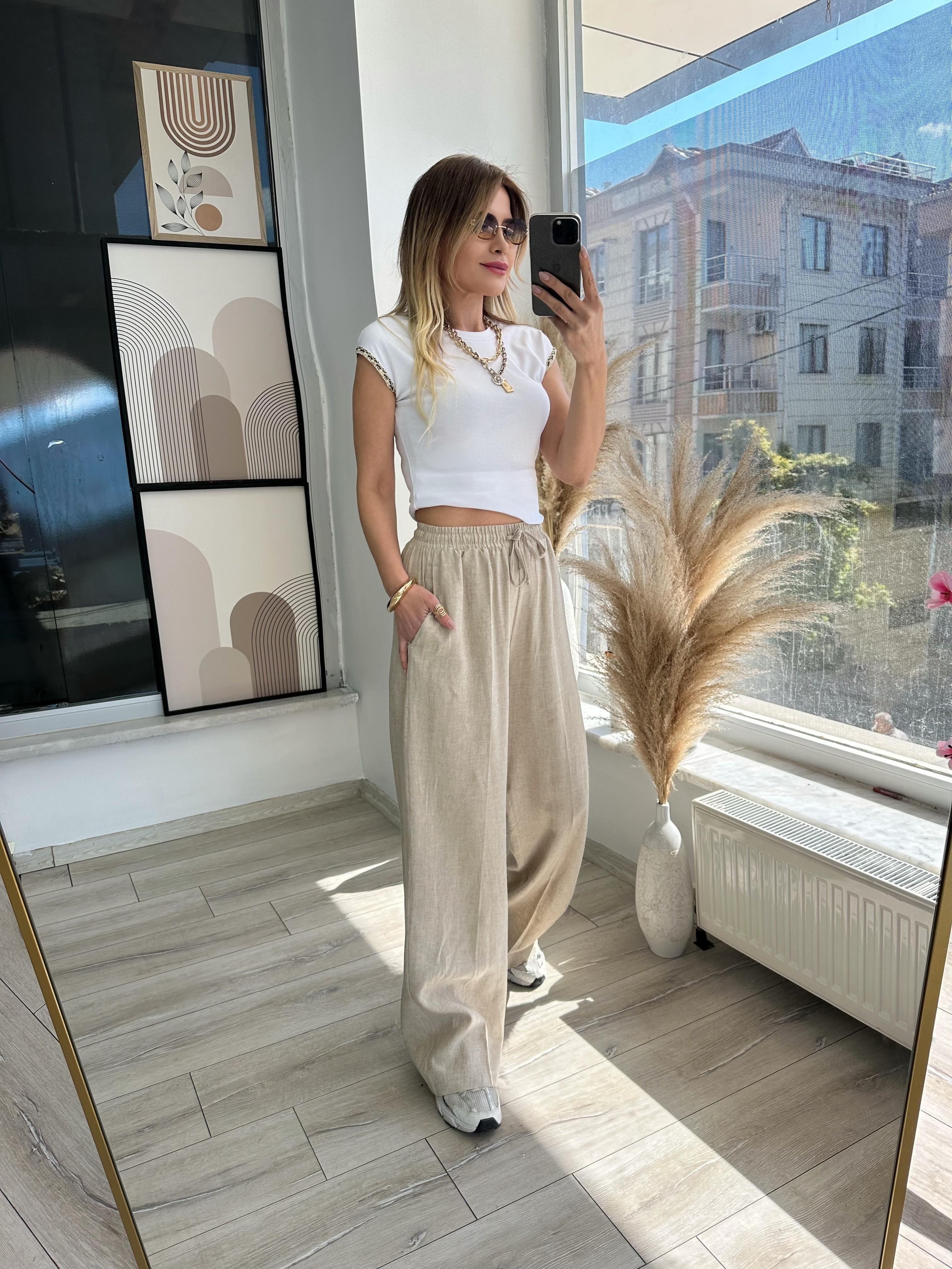 Bej Beli Lastikli Keten Pantolon 