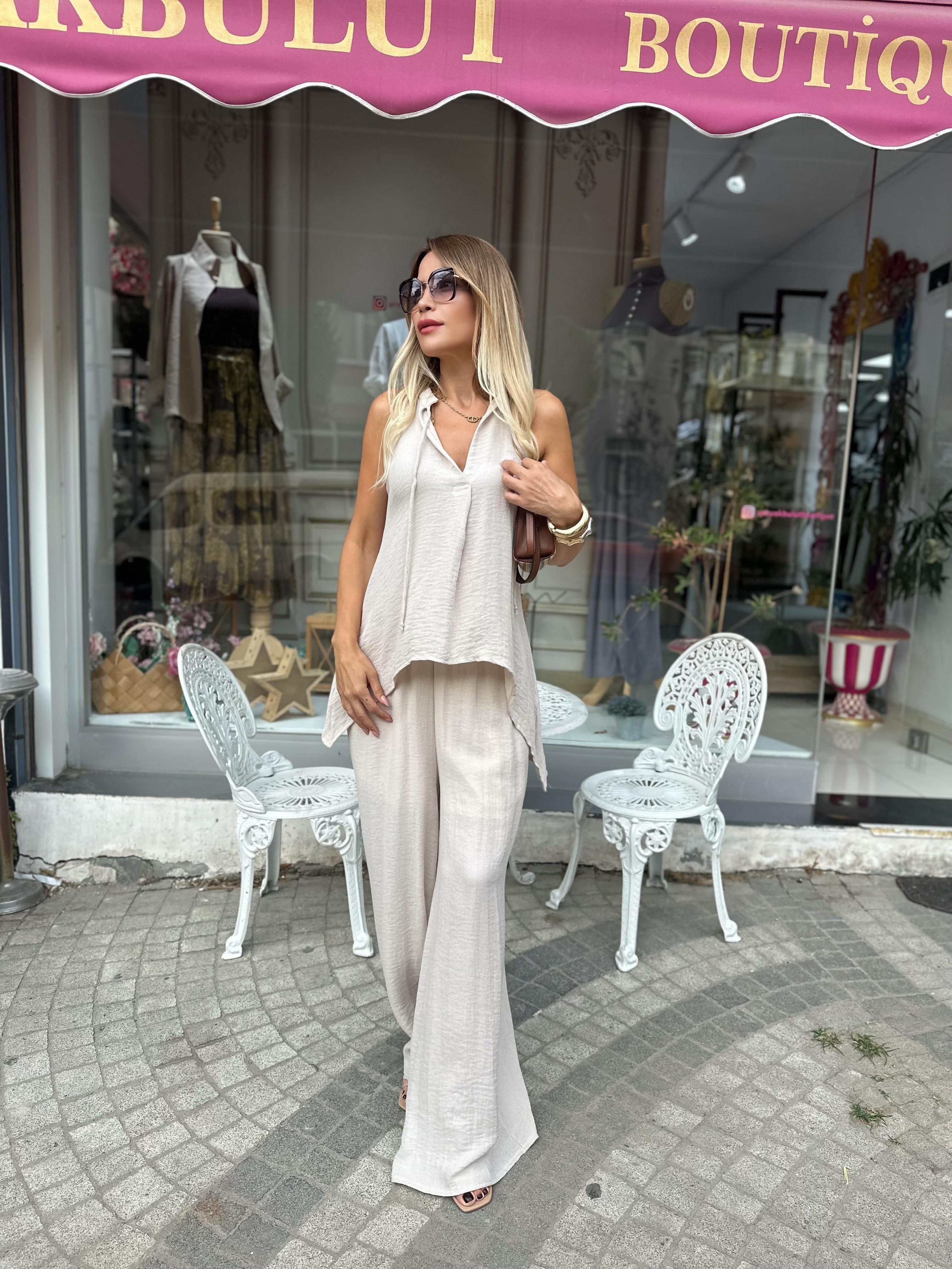 Bej Bluz Pantolon Takım