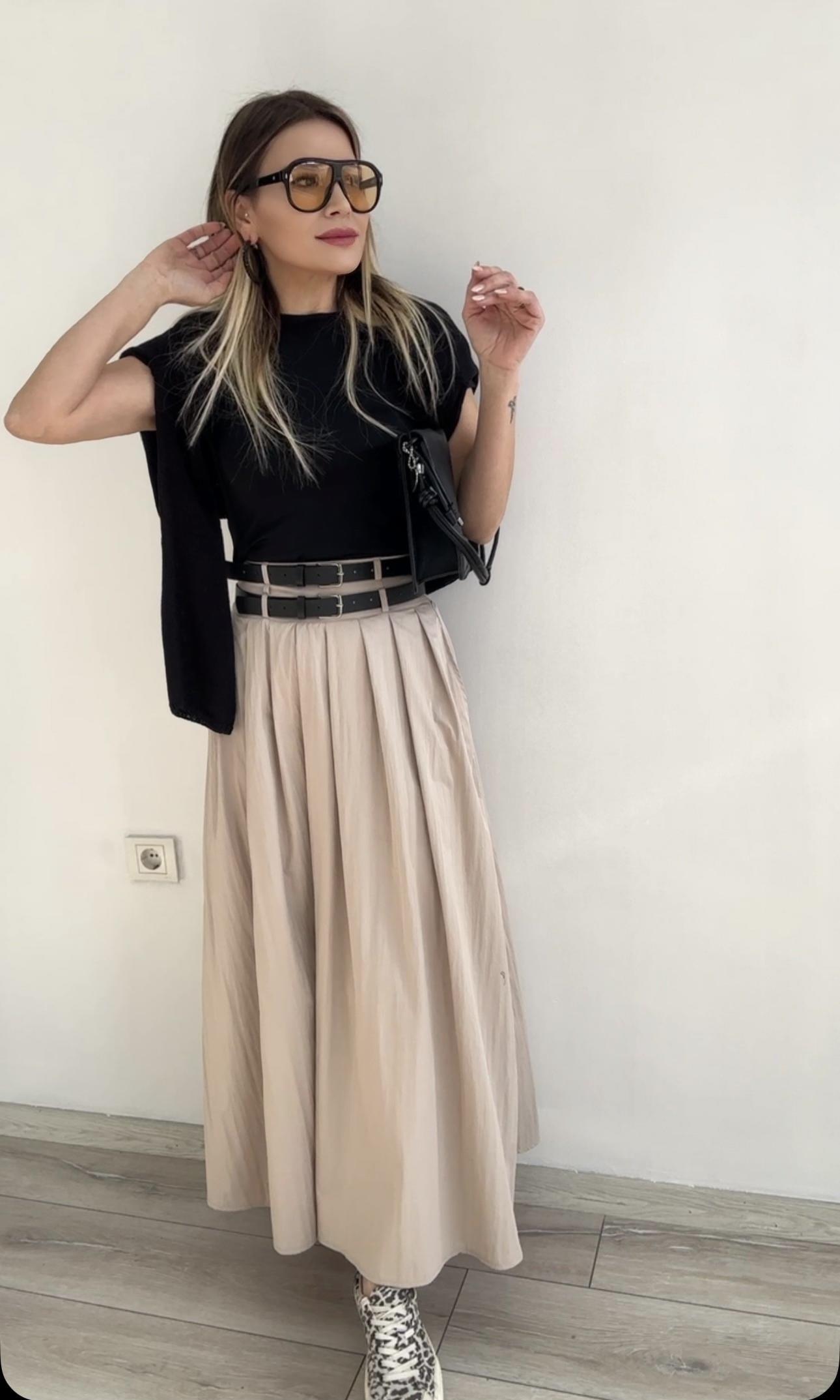 Bej Çift Kemerli Paraşüt Kumaş Etek 