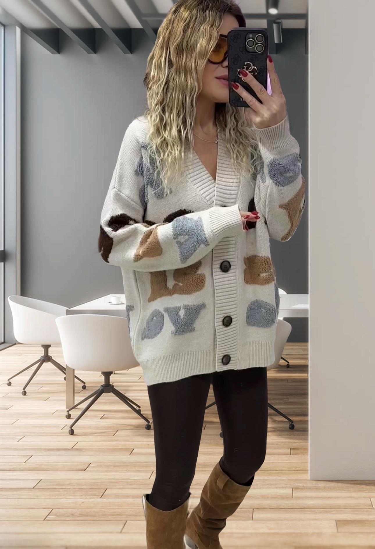 Bej Desenli Triko Hırka