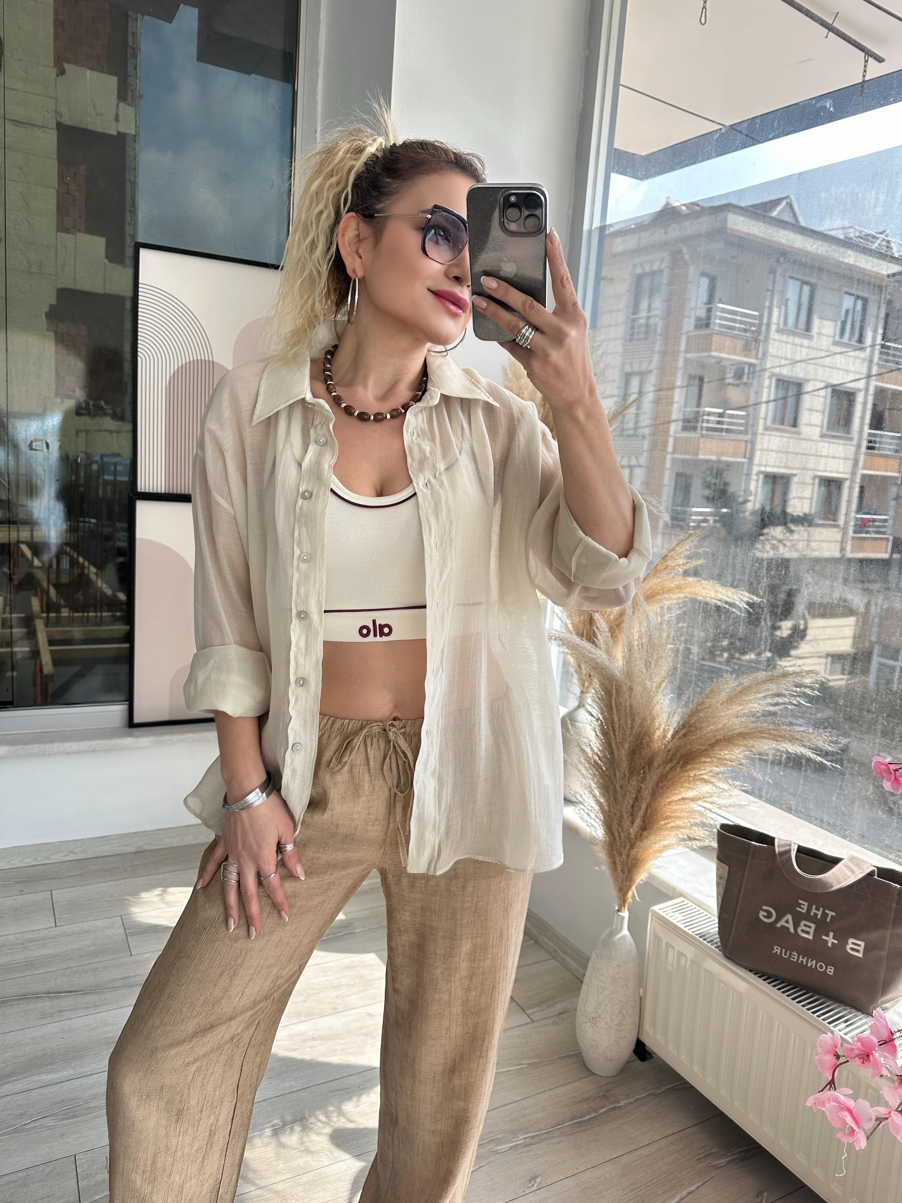 Bej İnce Doku Gömlek 