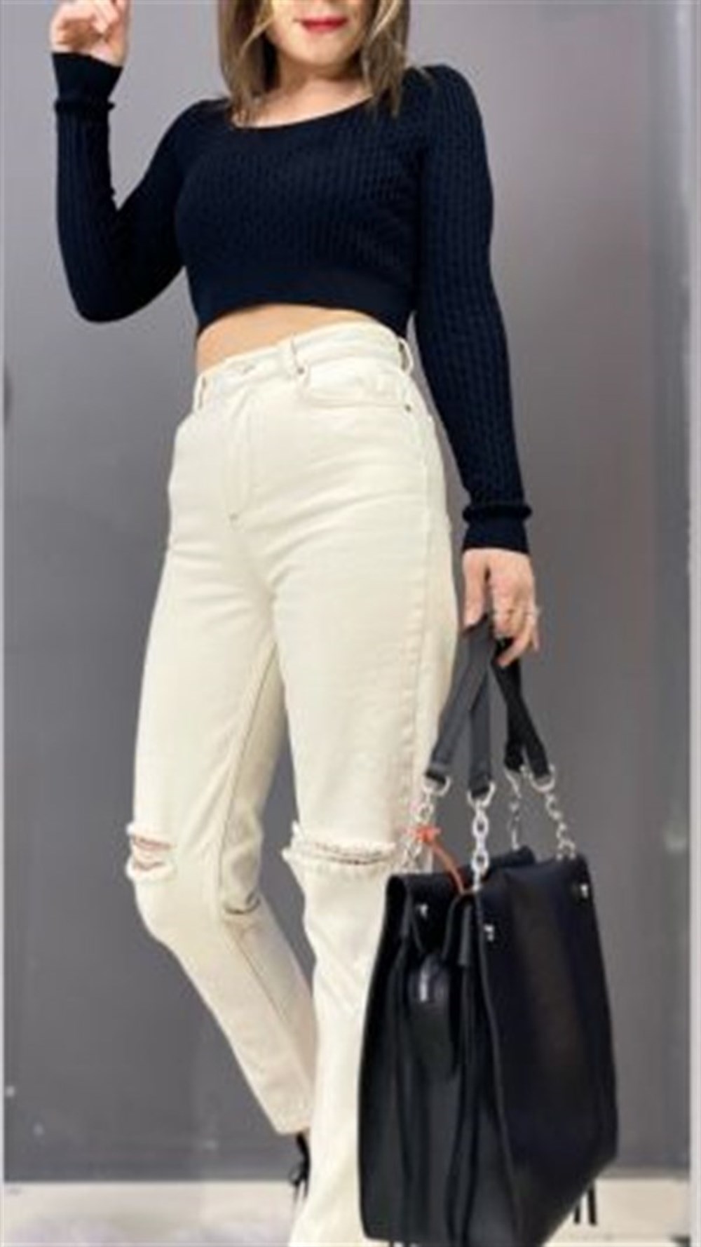 BEJ LAZER KESİM MOM JEANS