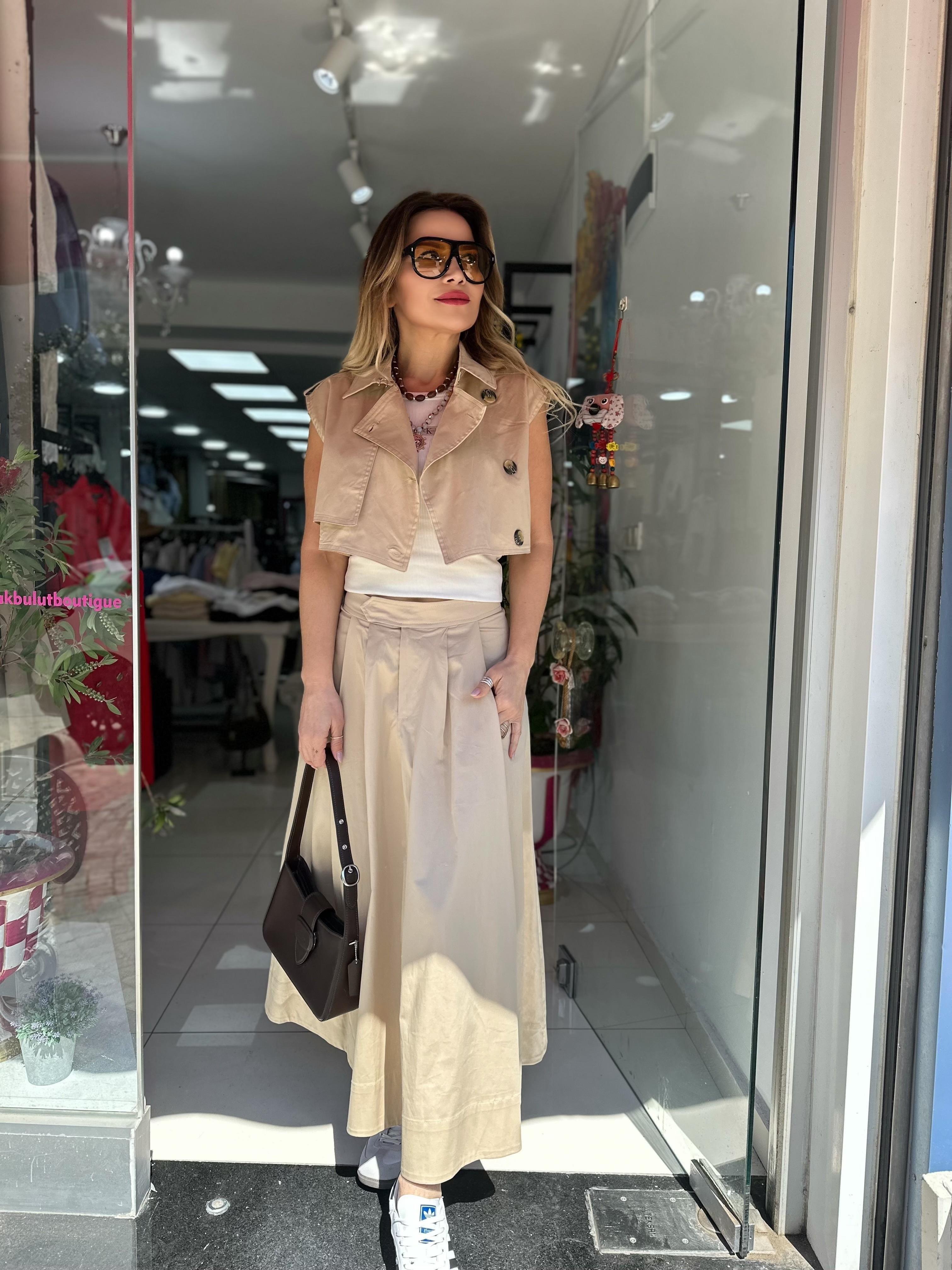 Bej Likralı Gabardin Etek 