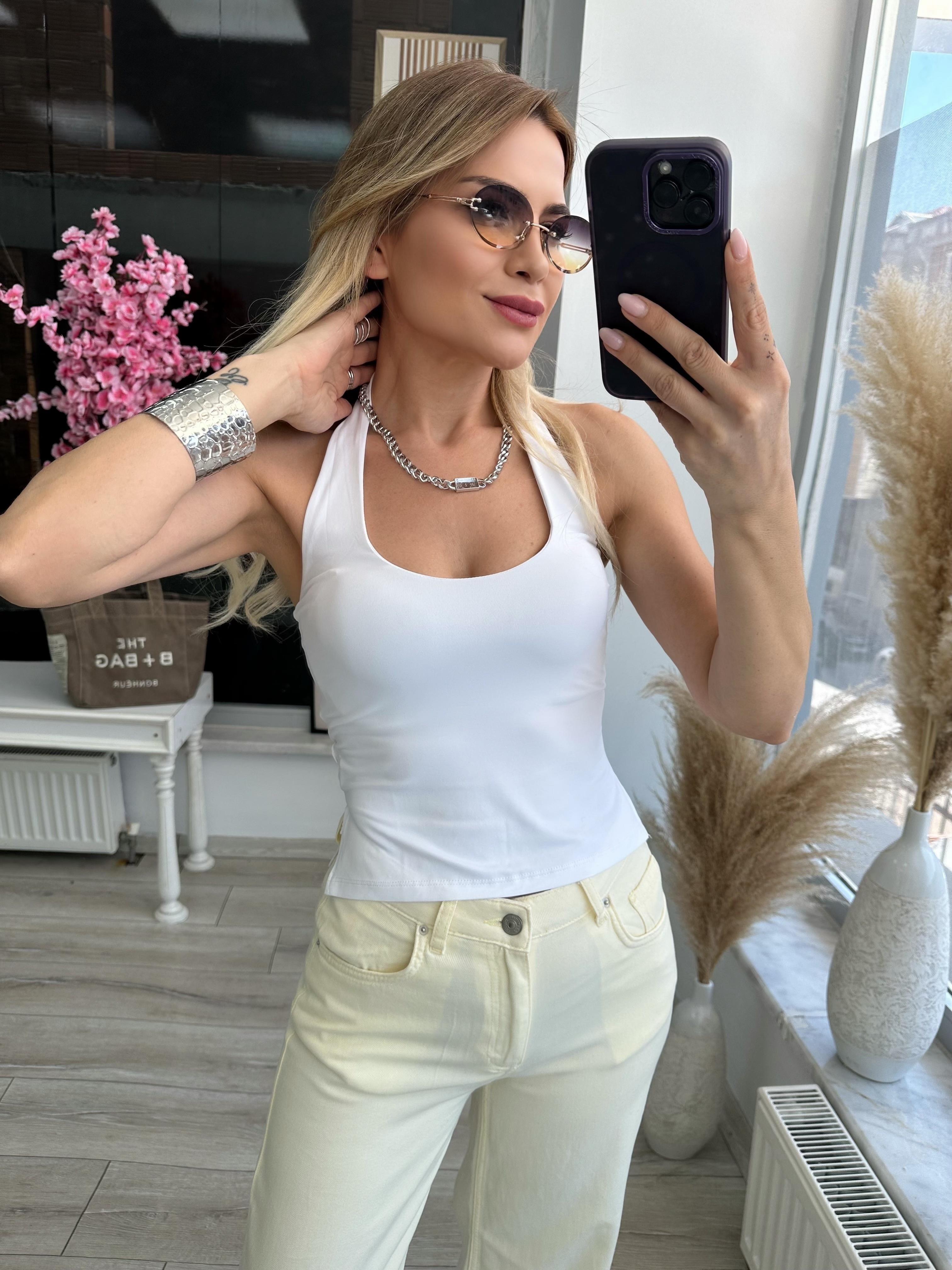 Beyaz Halter Yaka Bluz