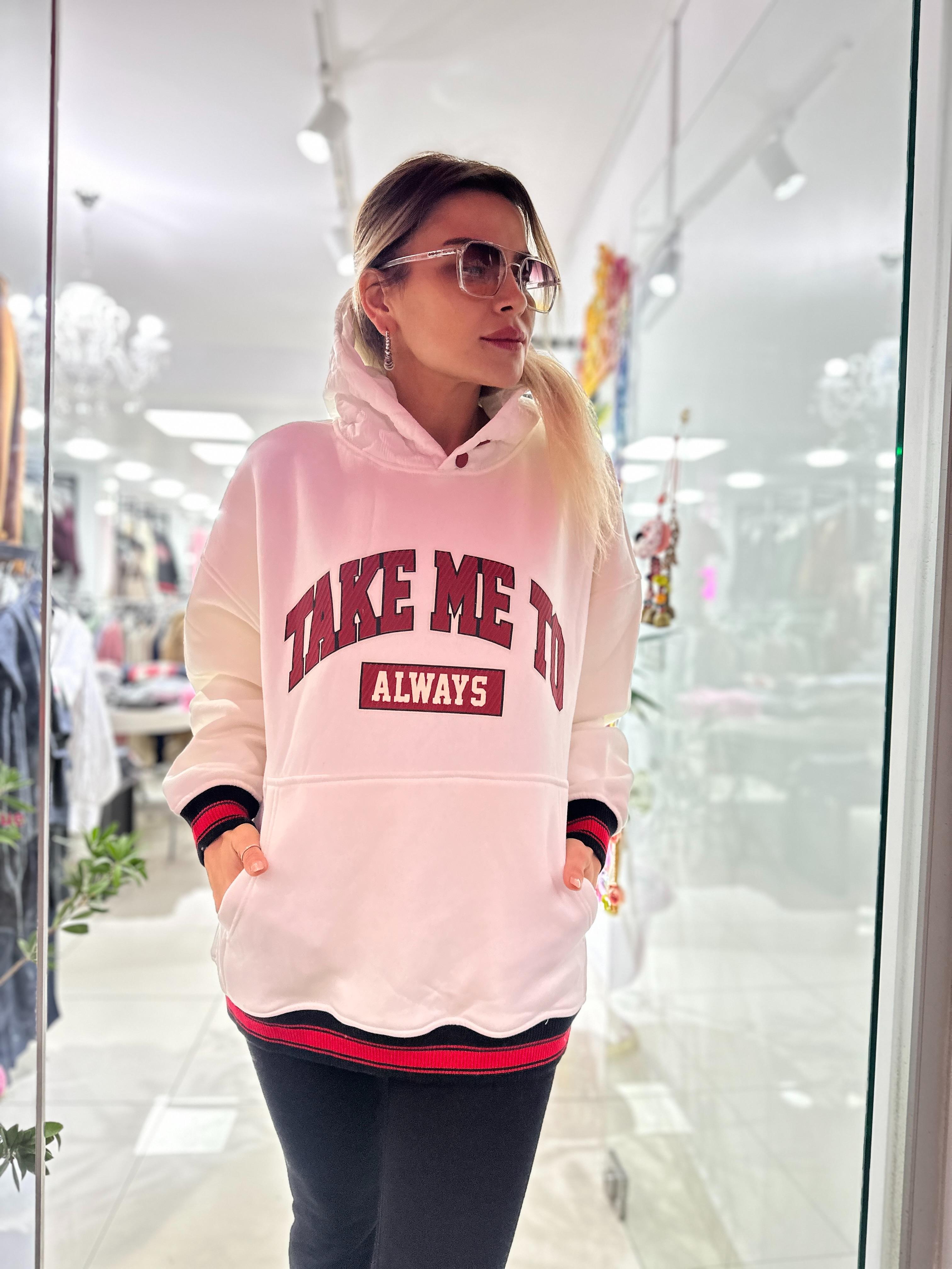 Beyaz Kapitone Kapüşonlu Baskılı Sweat 