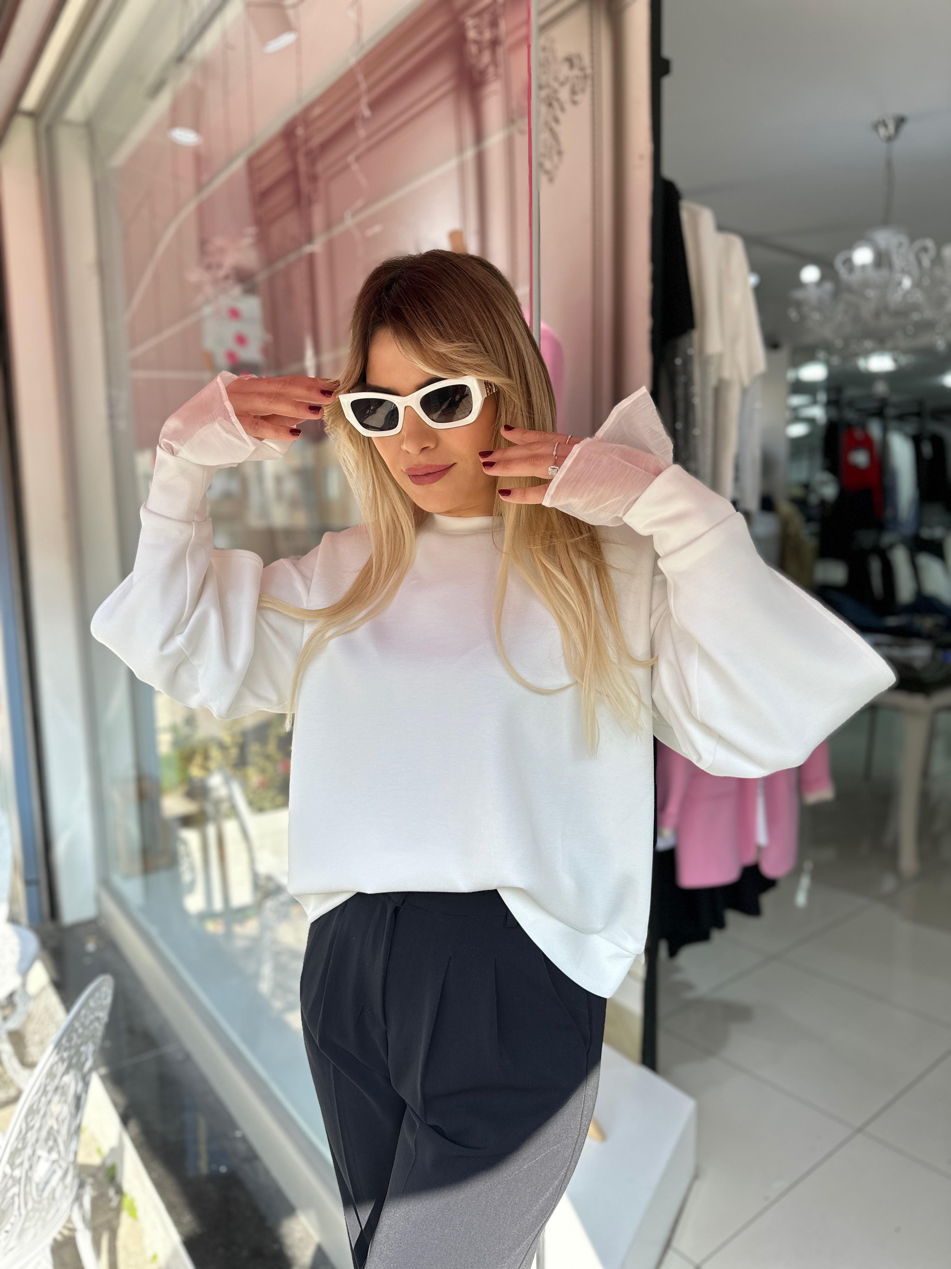 Beyaz Organze Detaylı Modal Kumaş Sweat