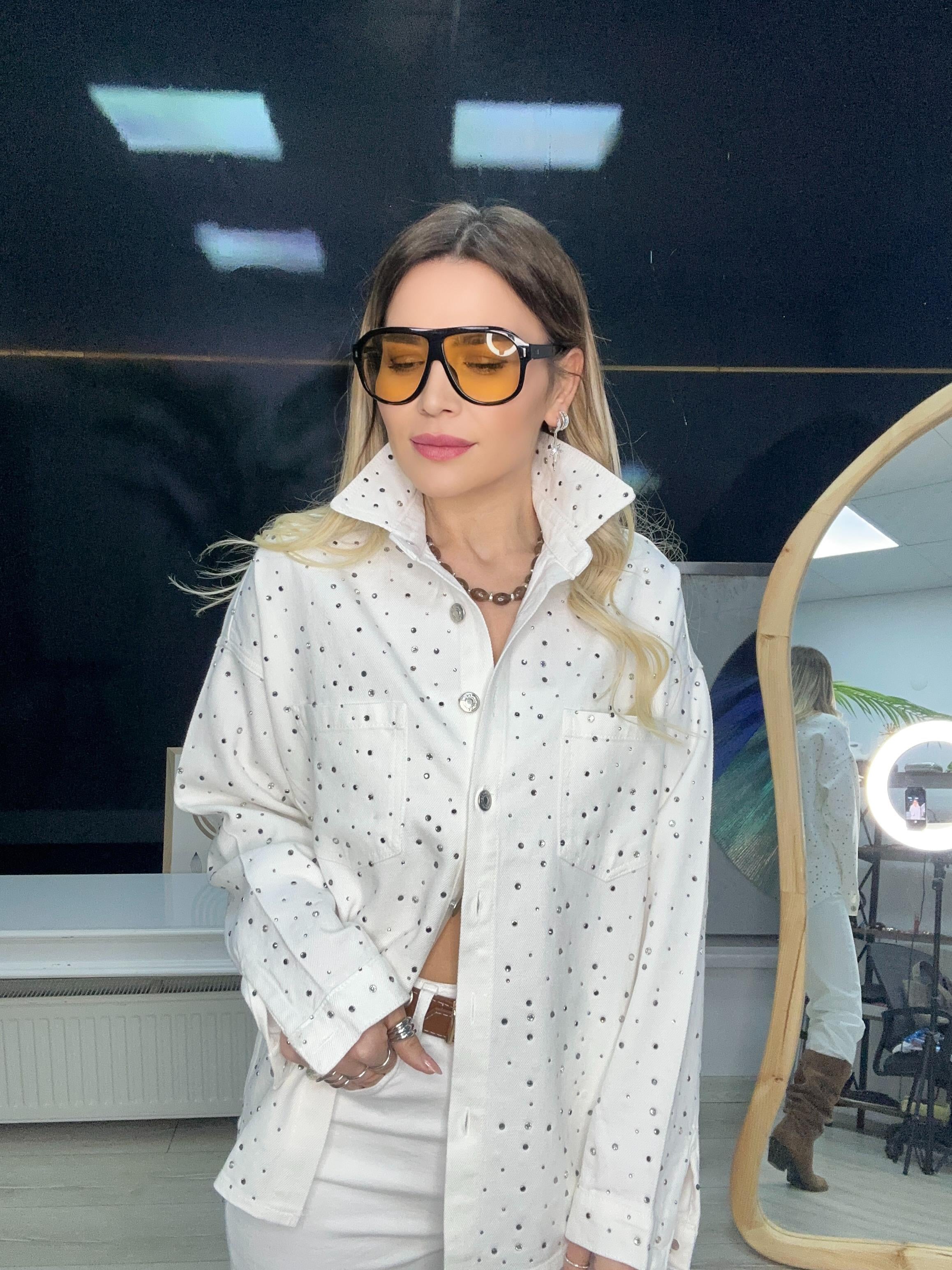 Beyaz Taş Detaylı Tensel Denim Ceket