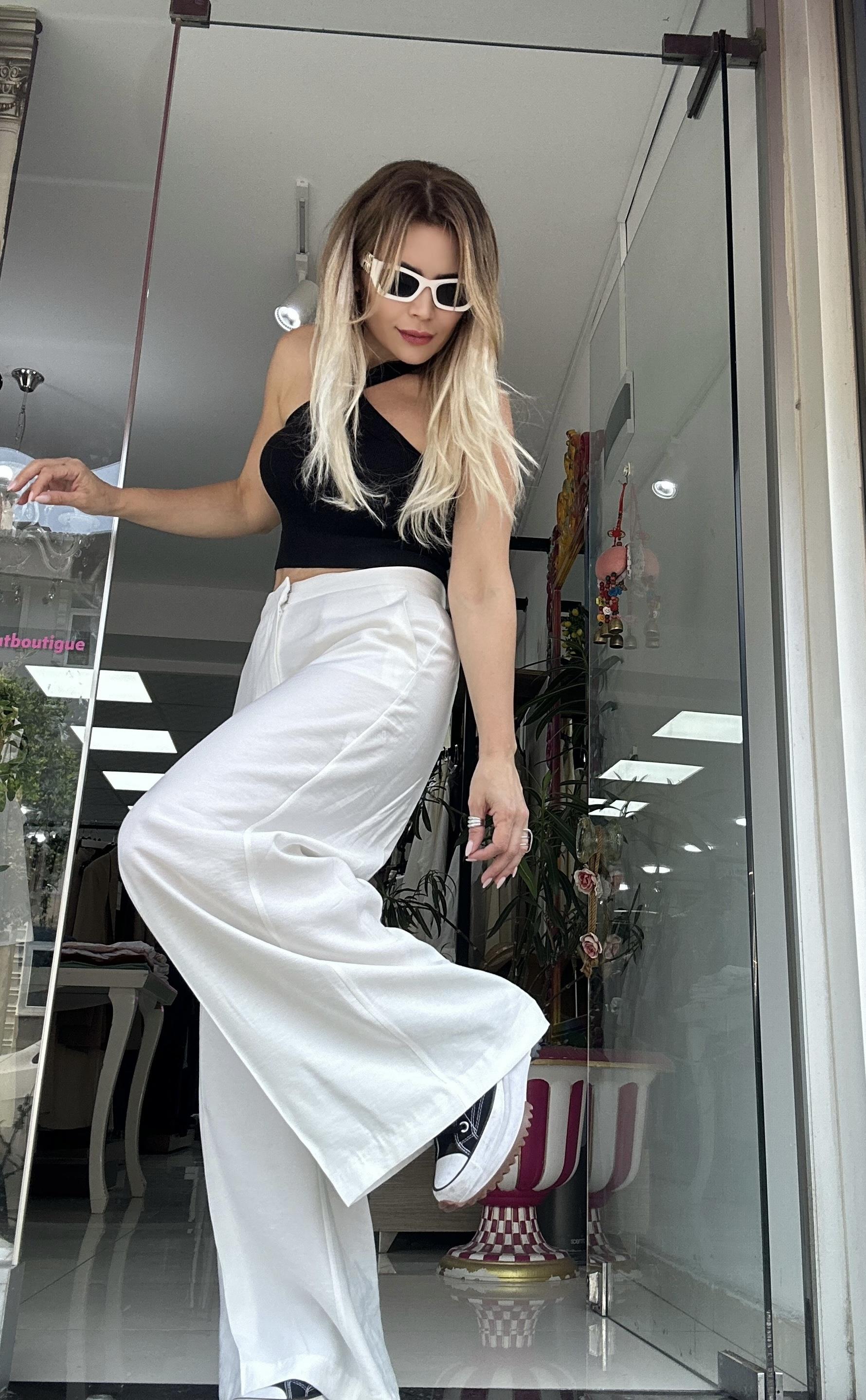 Beyaz Tensel Kumaş Pantolon