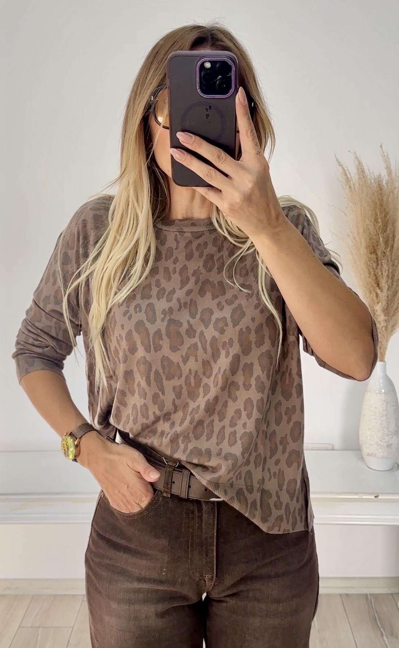 Bisiklet Yaka Leopar Baskılı Triko Kazak 