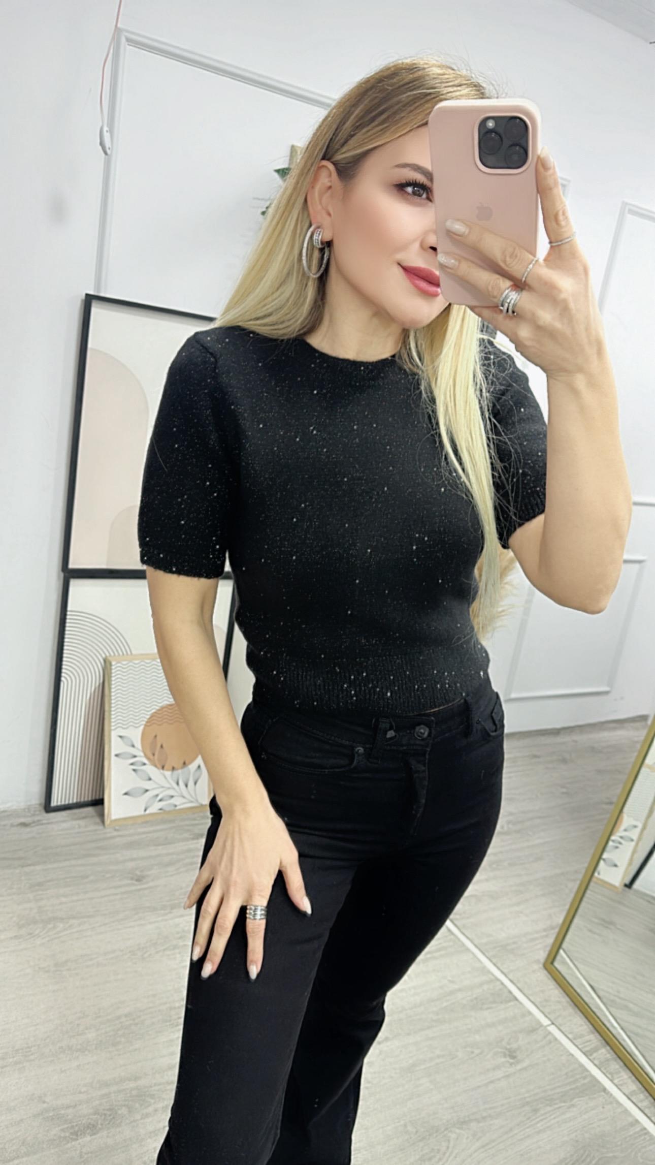 Bisiklet Yaka Pullu Simli Triko Kazak