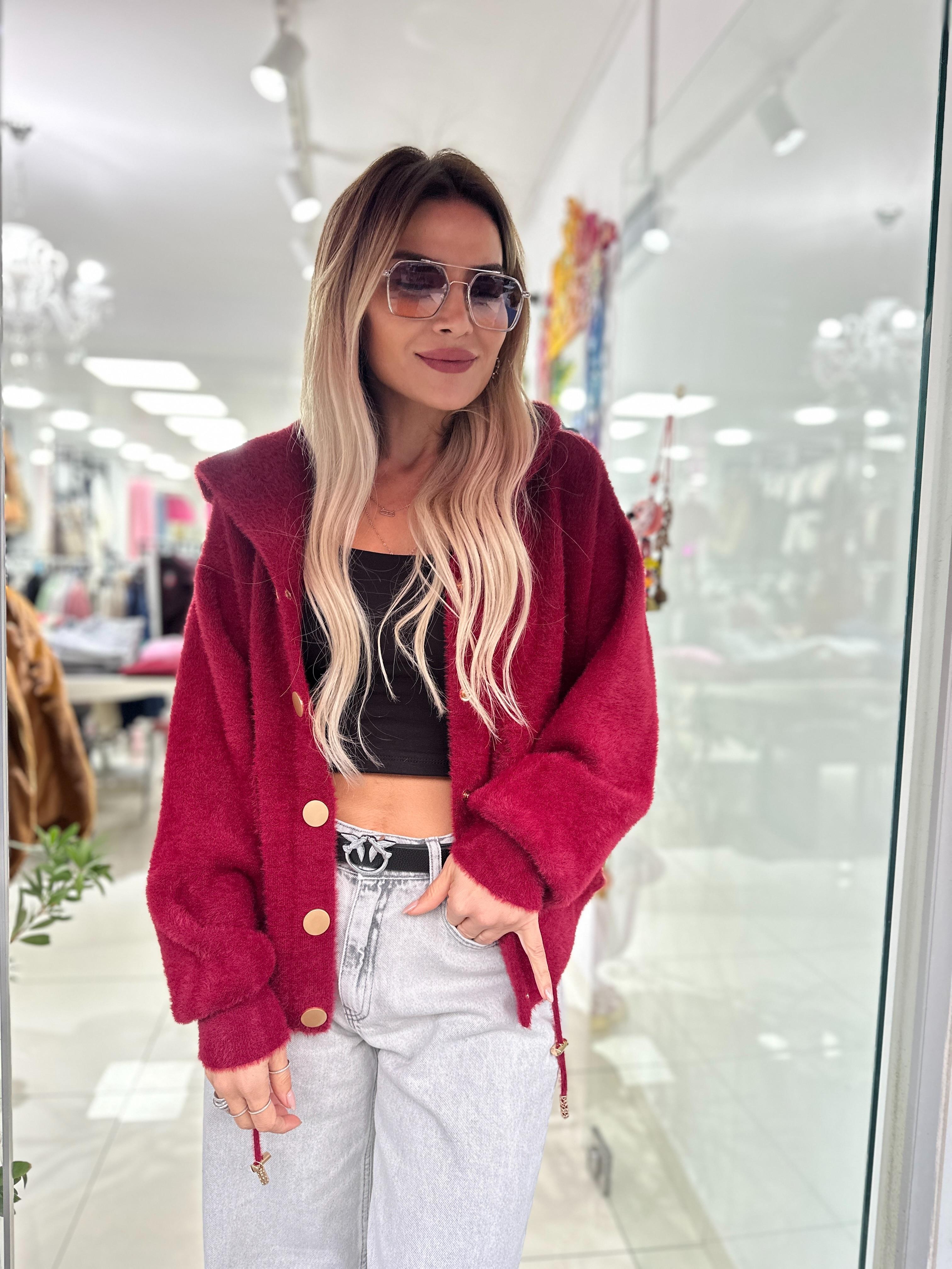 Bordo Angora Düğmeli Ceket 