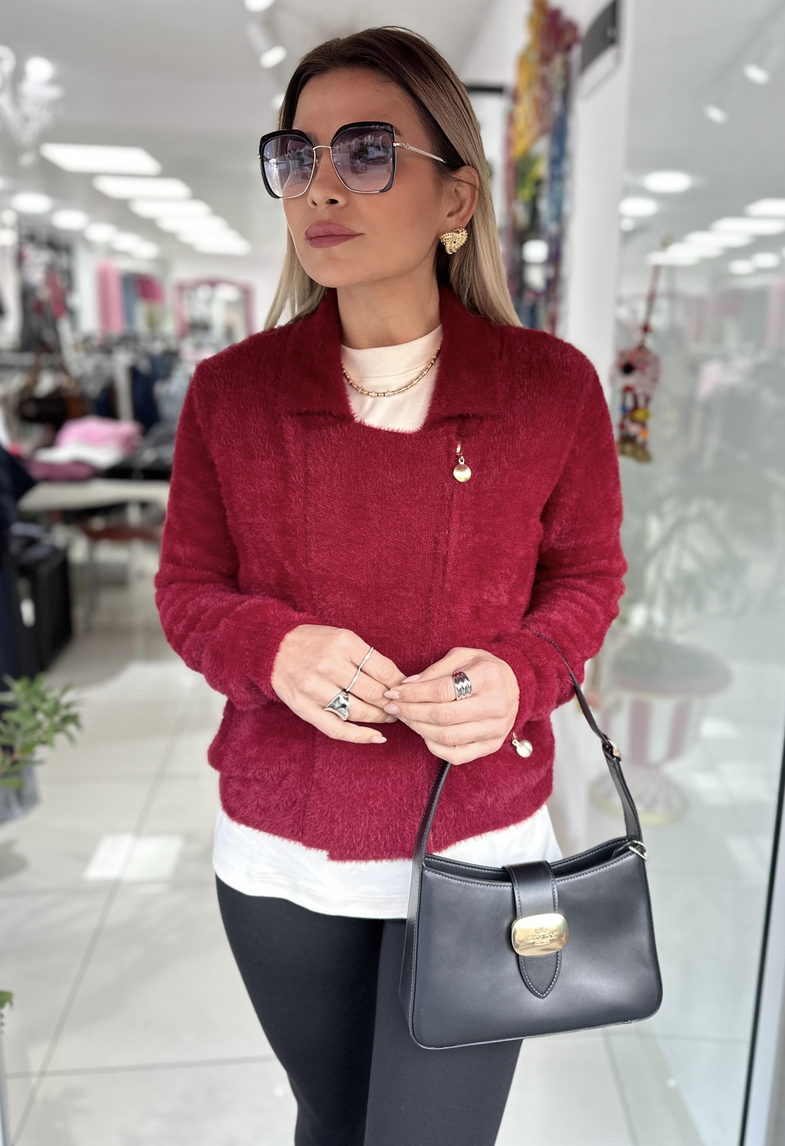 Bordo Angora Fermuarlı Gömlek Yaka Hırka 