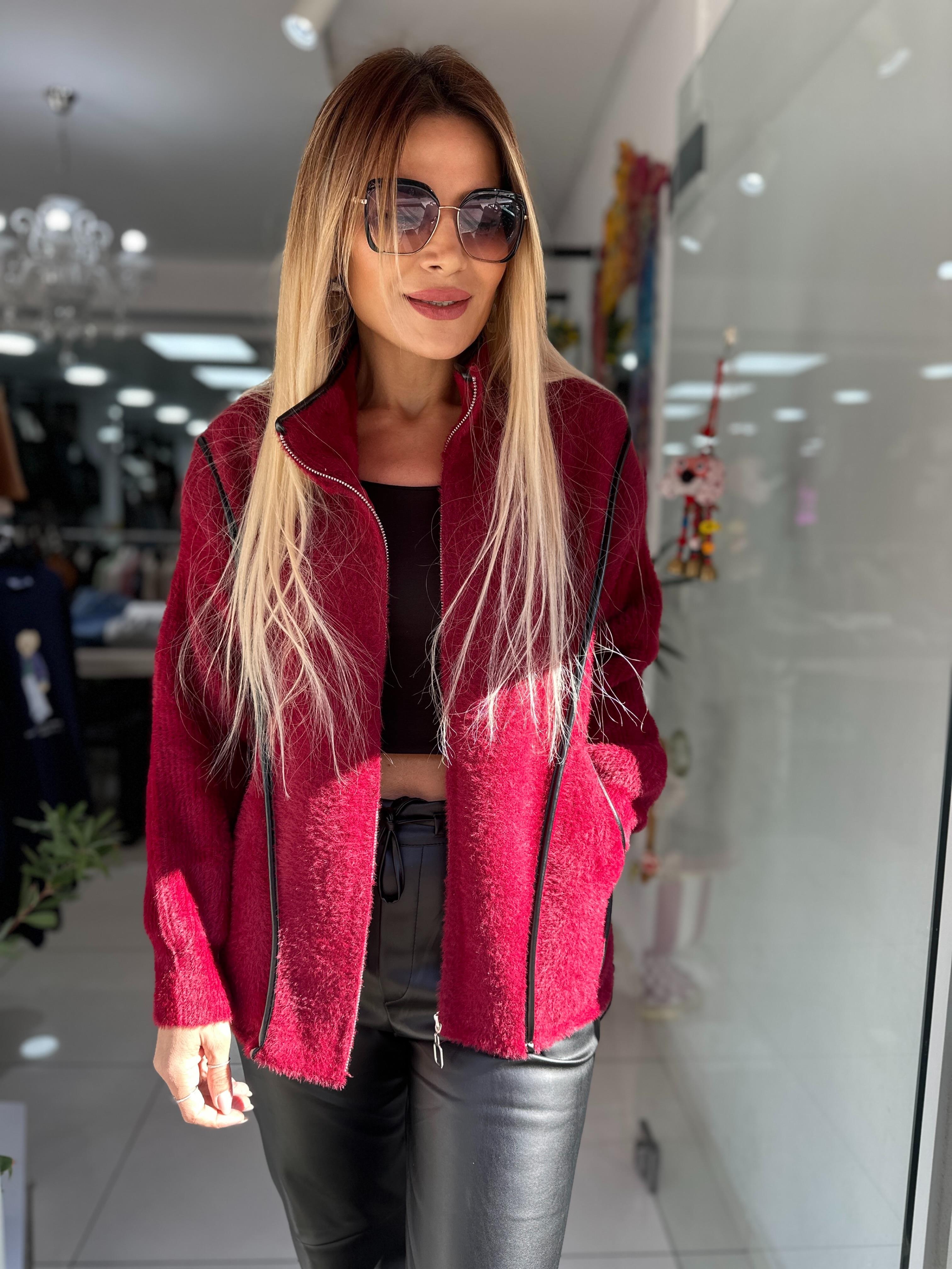 Bordo Angora Fermuarlı Yarım Balıkçı Ceket