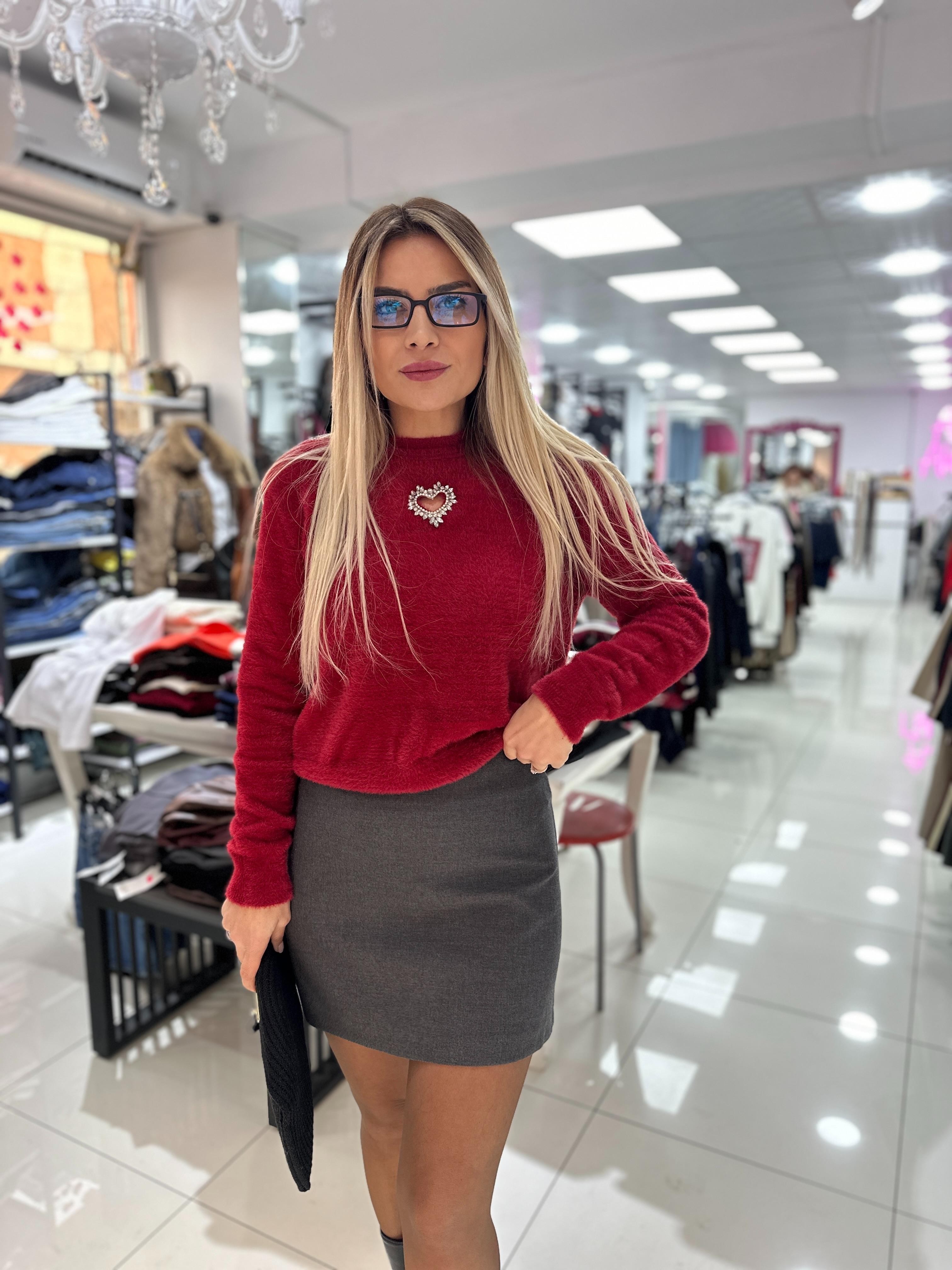 Bordo  Angora Kalp Dekolteli Kazak