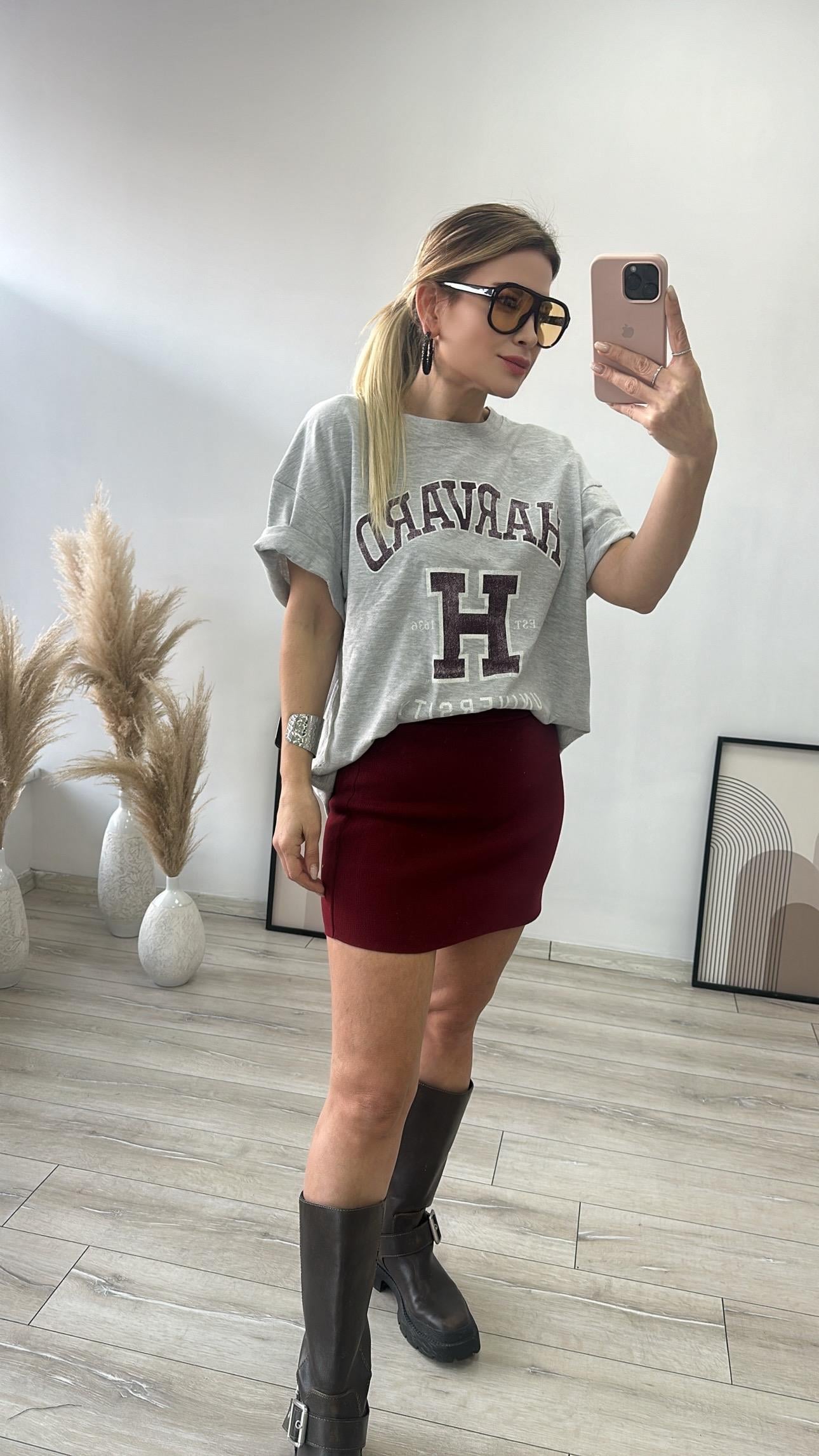 Bordo Beli Lastikli Triko Etek