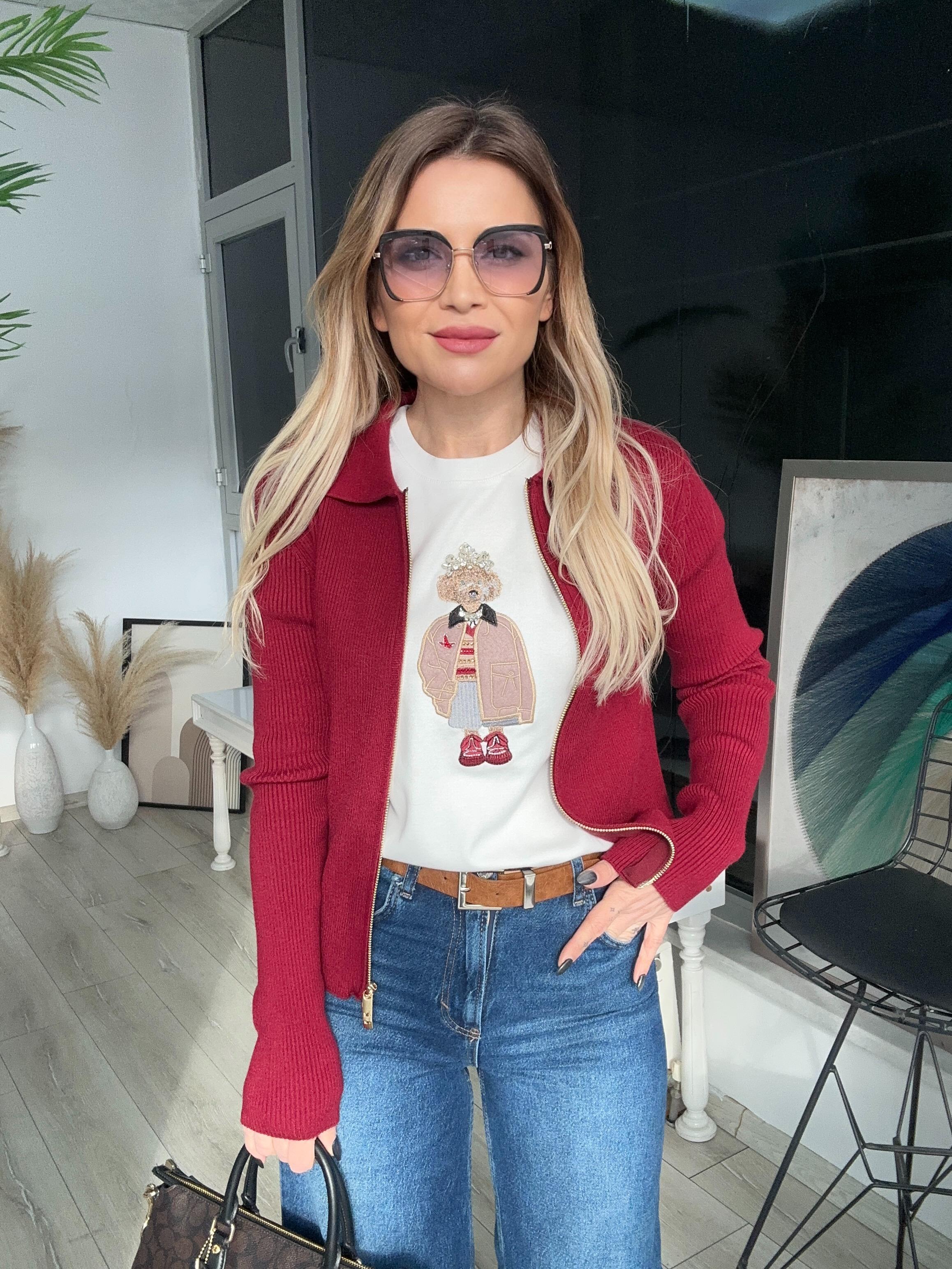 Bordo Çift Fermuarlı Triko Hırka 