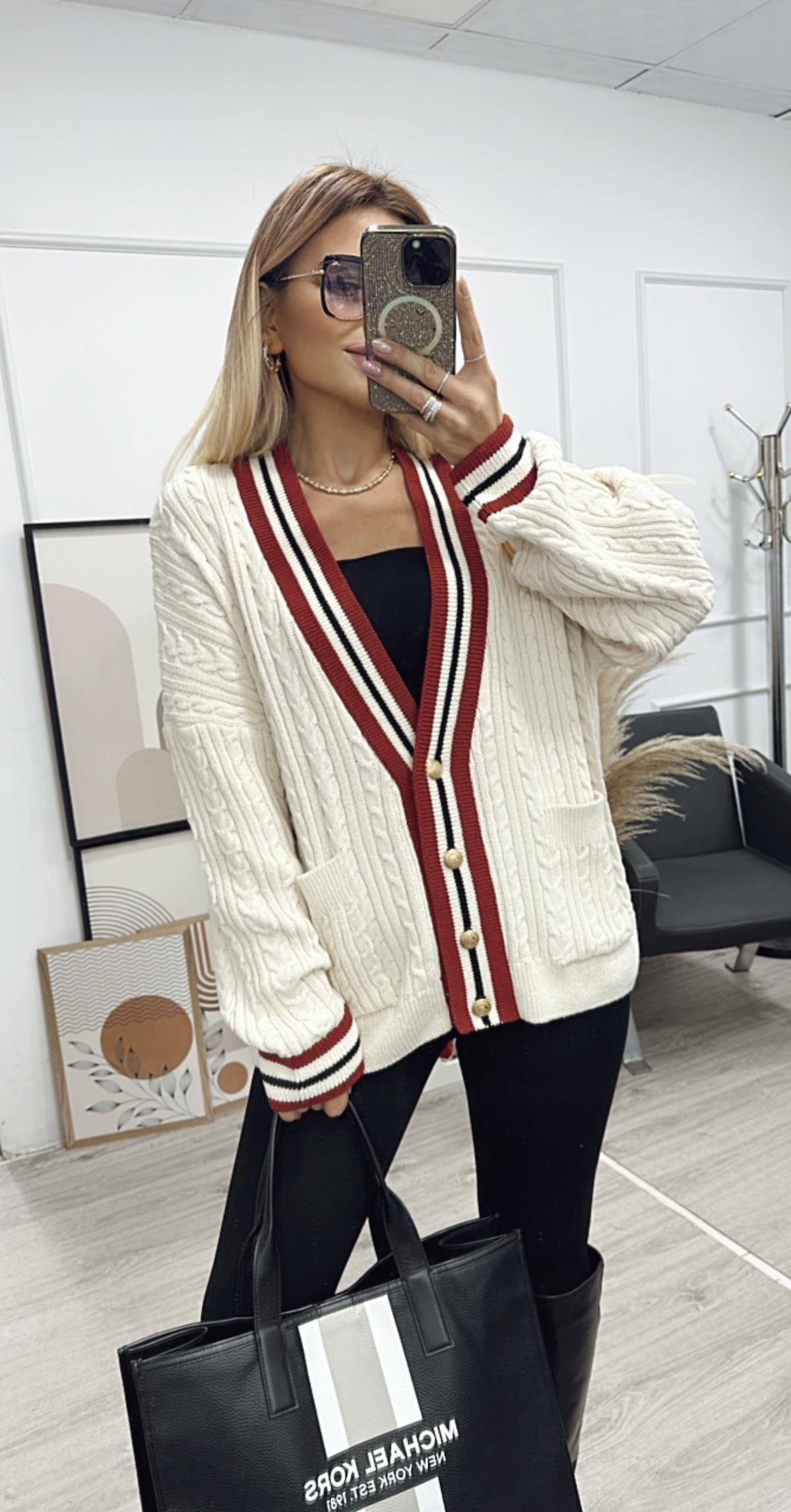 Bordo Çizgi Geçişli Düğmeli Triko Hırka 