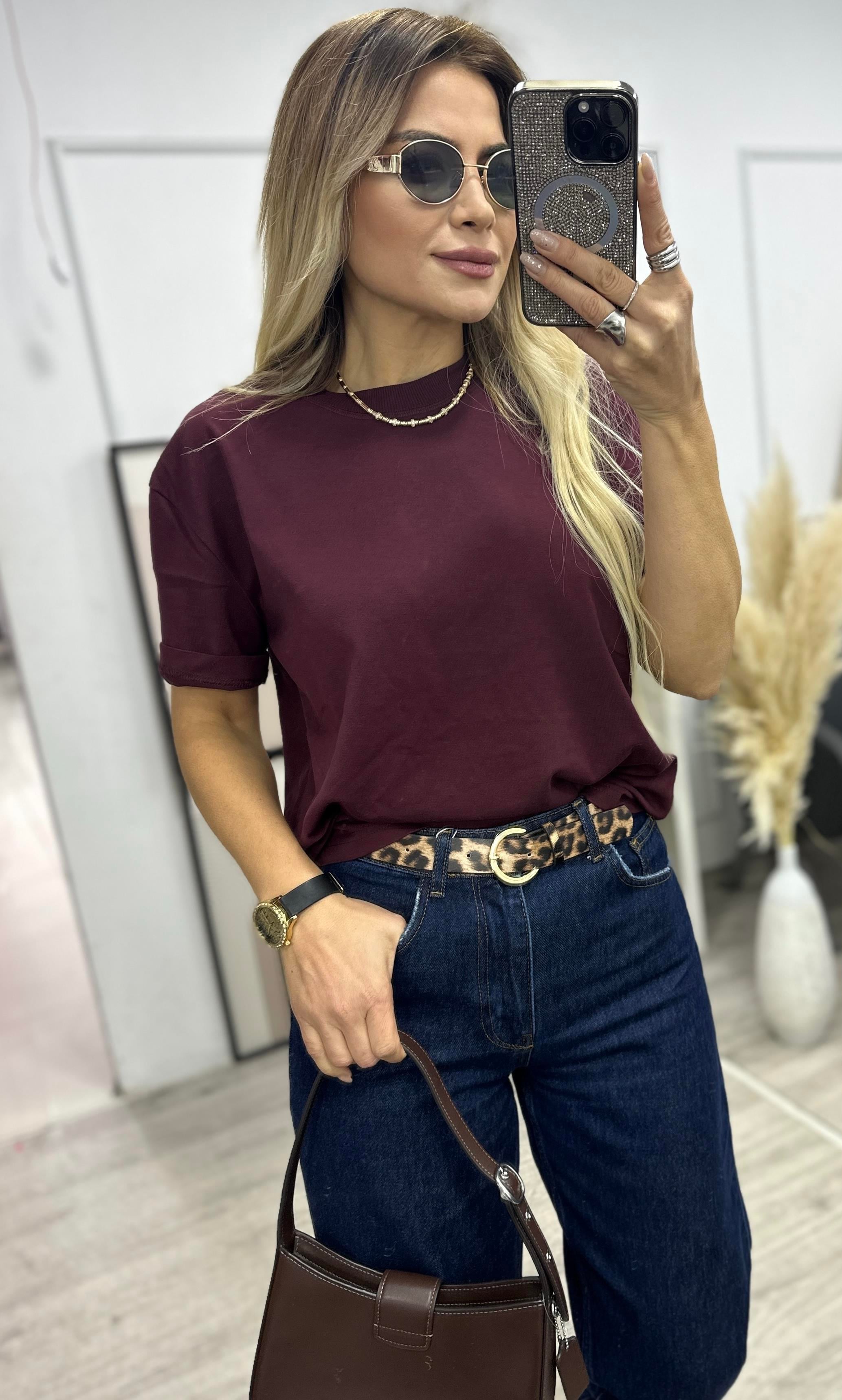 Bordo Dekoratif Dikişli Bisiklet Yaka Tşhirt