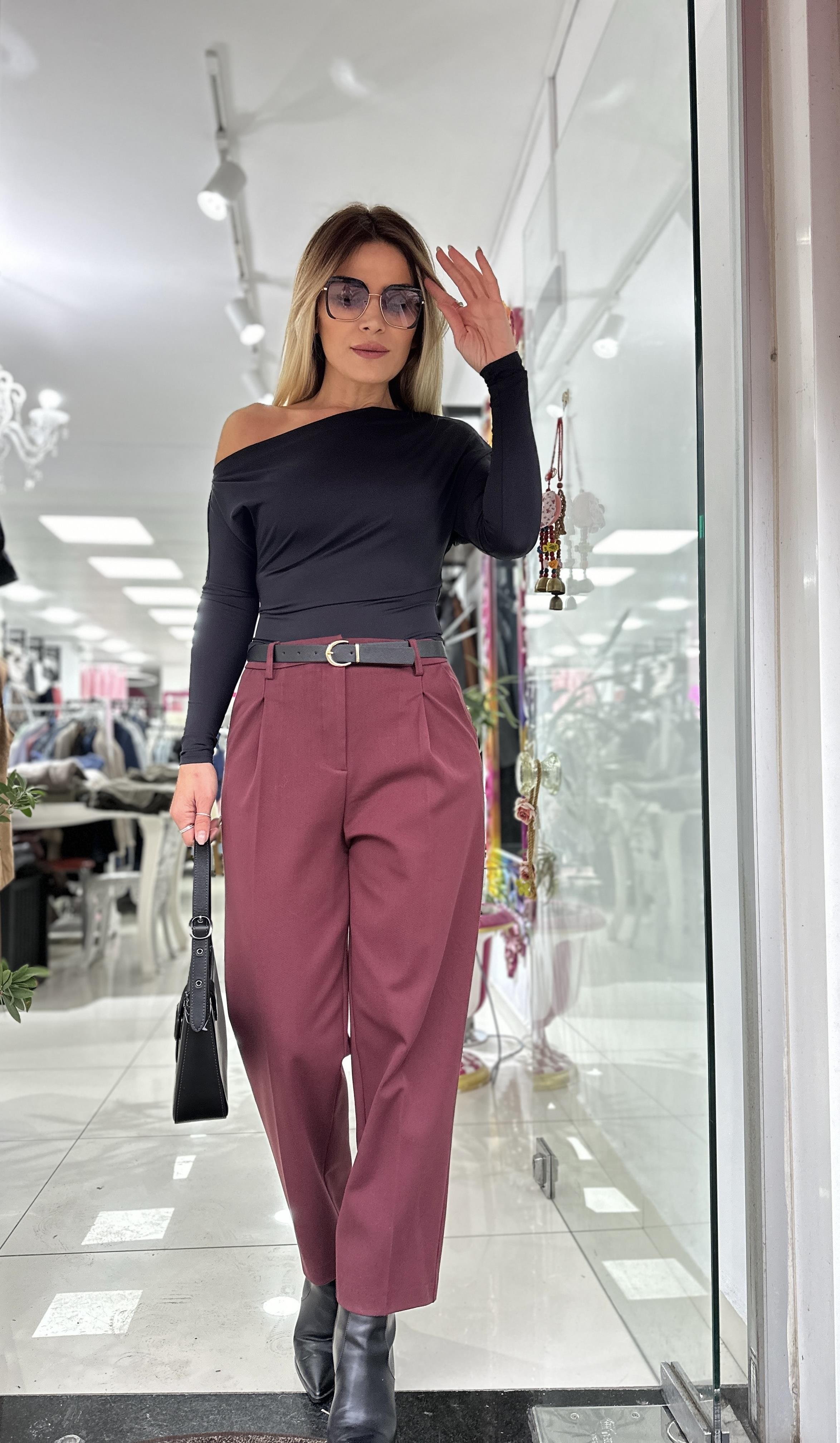 Bordo Kemerli Havuç Pantolon 