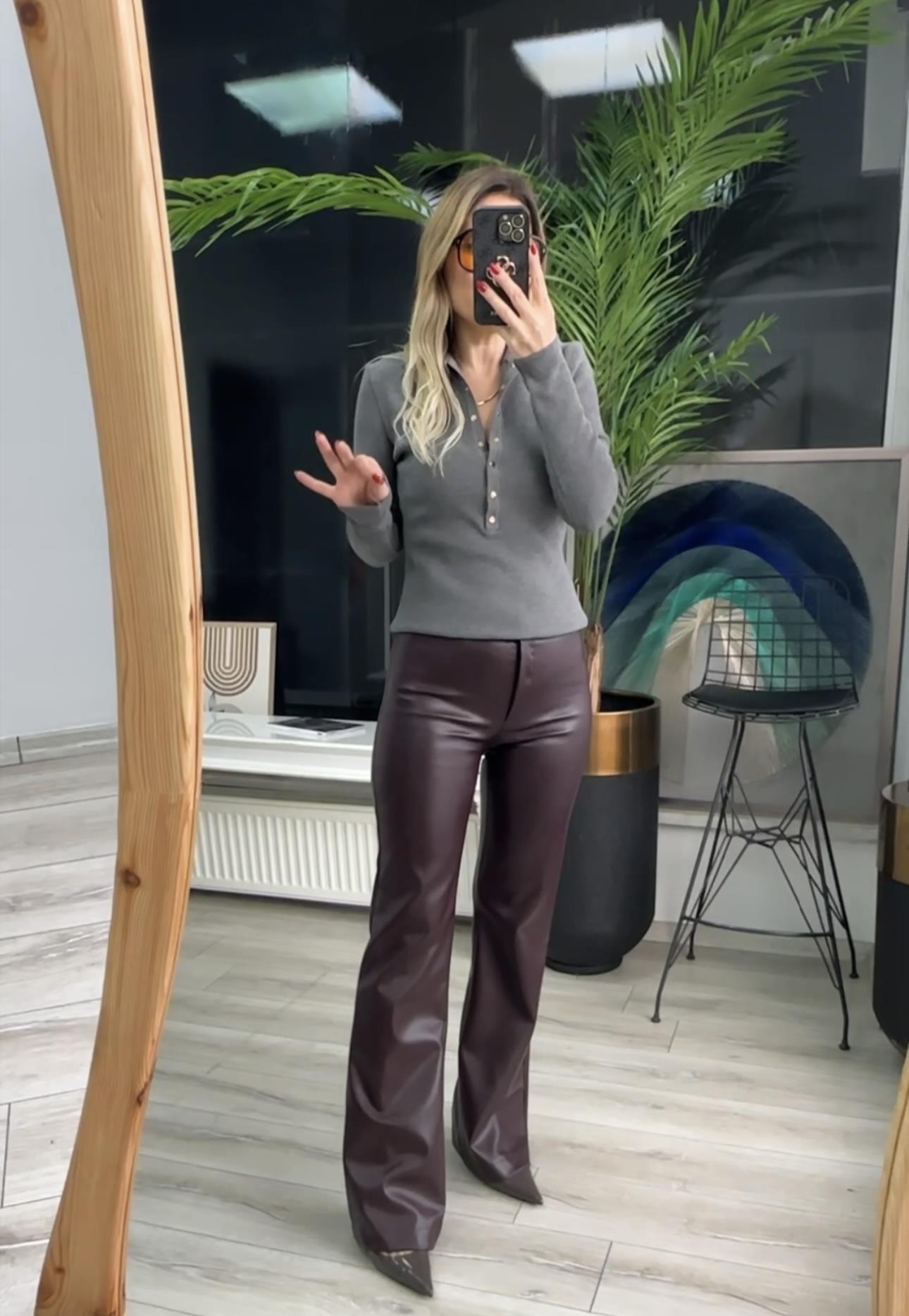 Bordo Suni Deri Çan Paça Pantolon