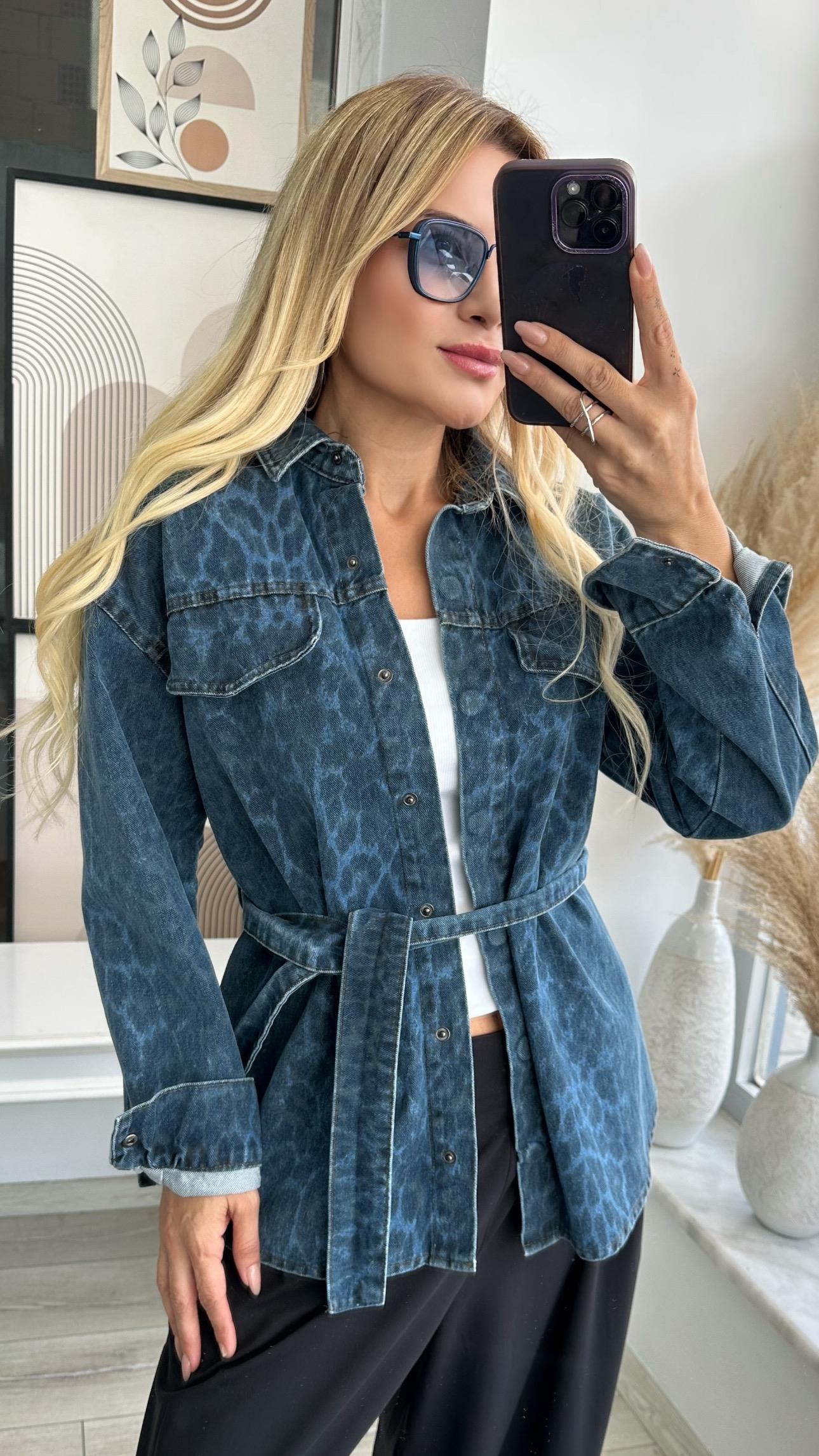 Denim Leopar Desenli Kot Ceket 