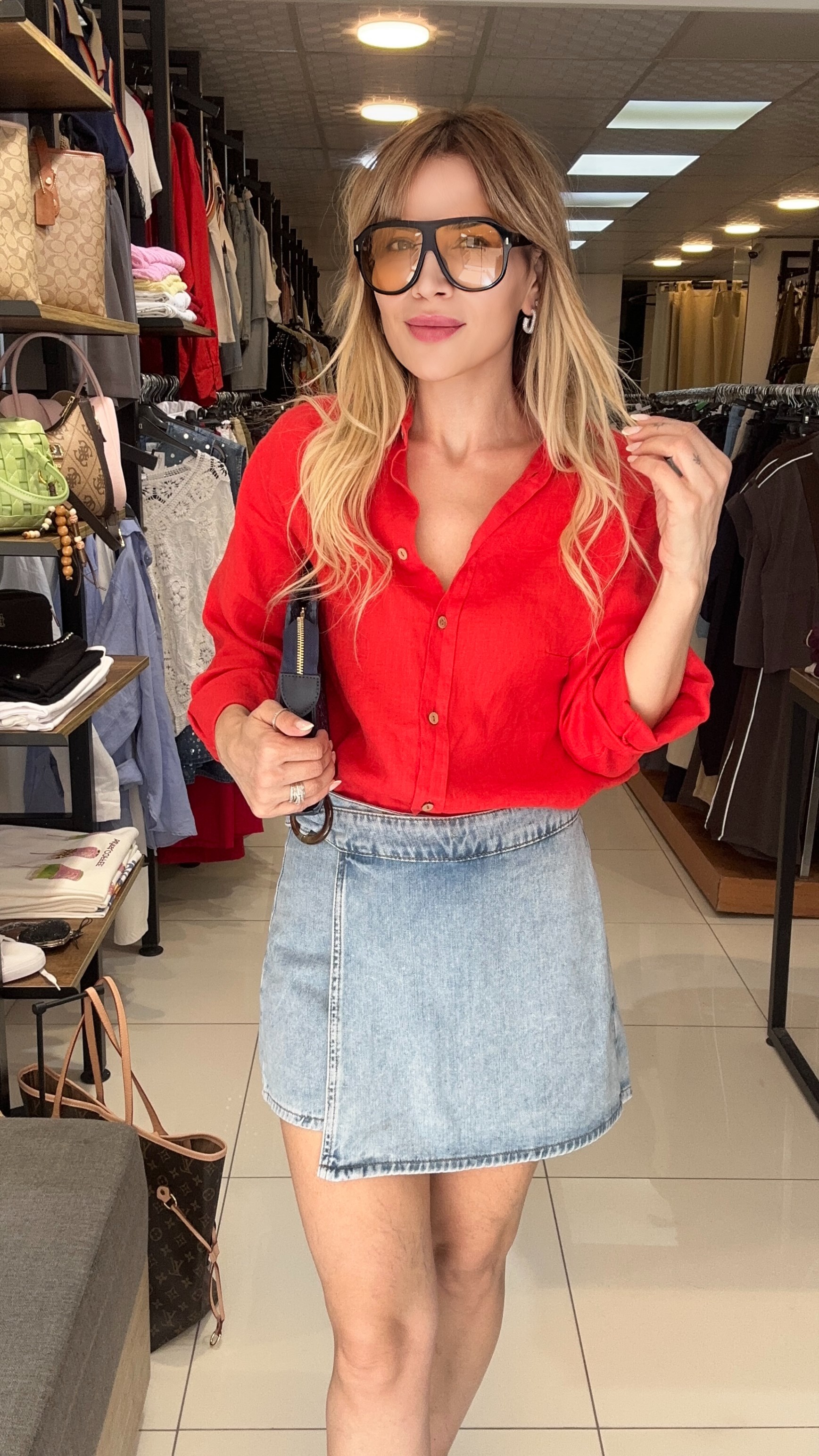 Denim Toka Detaylı Şort-Etek