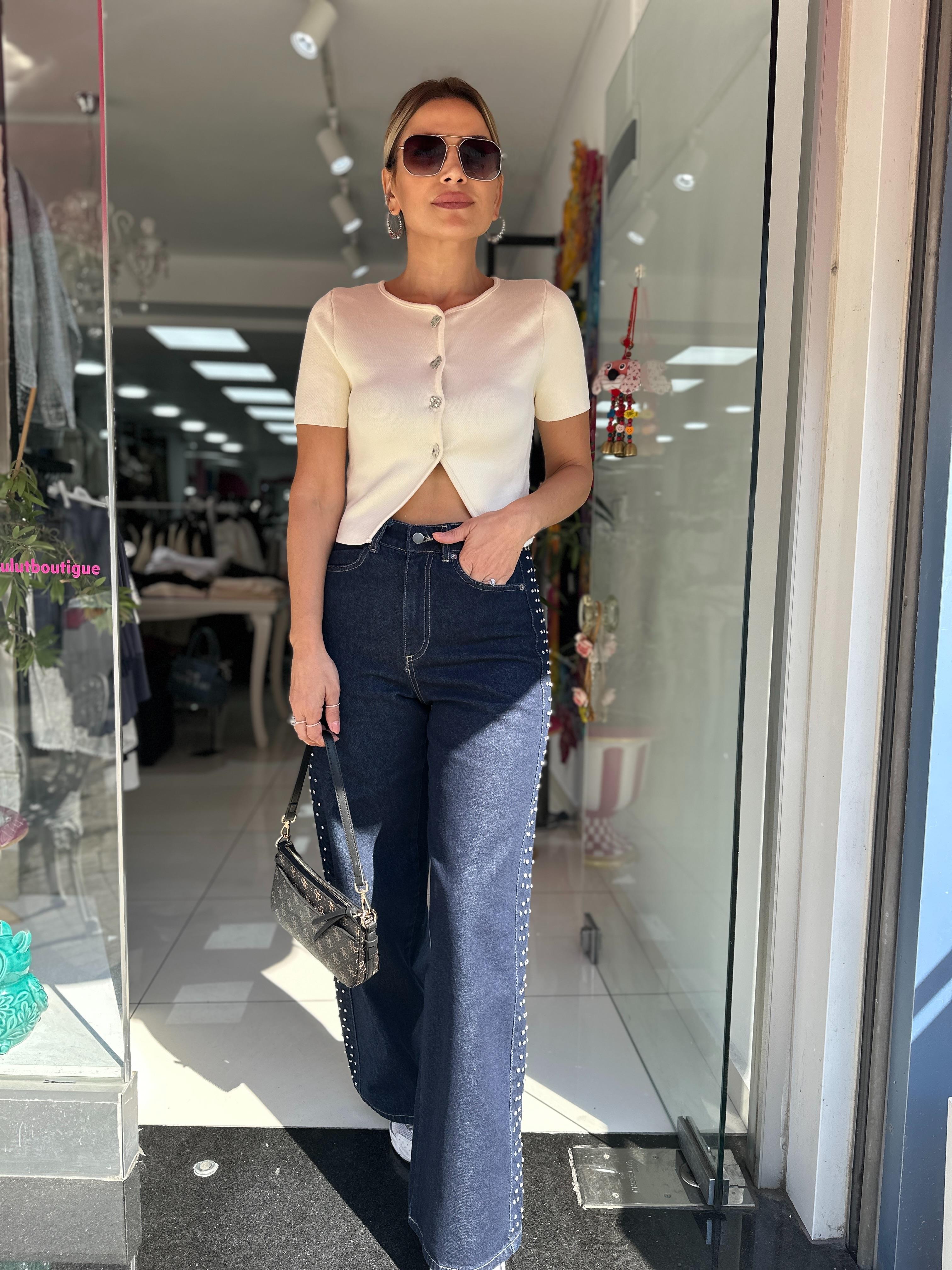 Denim Yanları Taş Şeritli Lacivert Pantolon 
