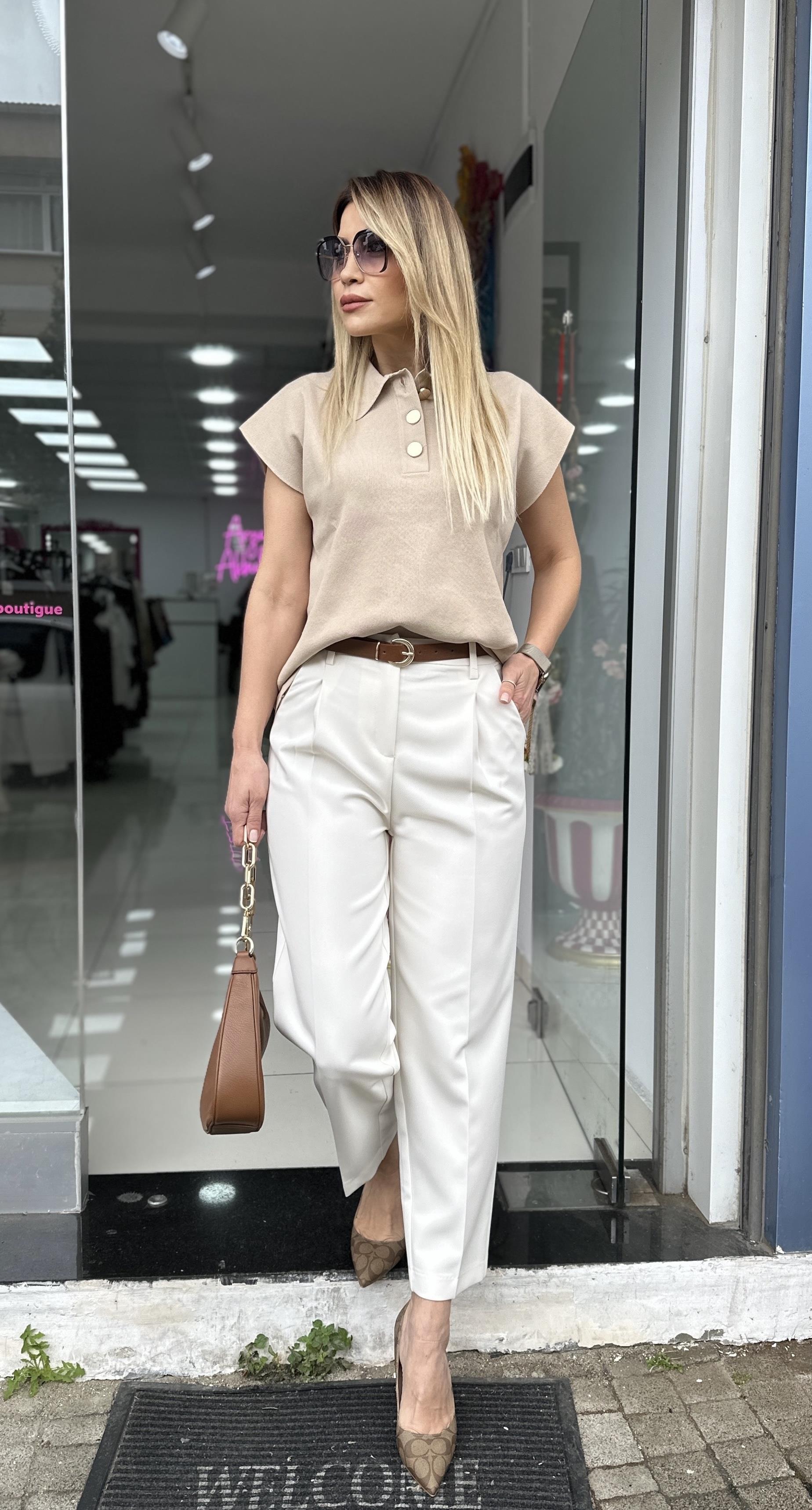 DLV Beyaz Kemerli Havuç Fit Pantolon 