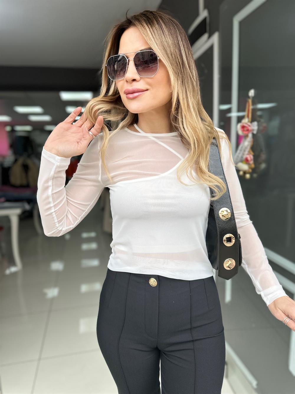DLV Ekru Crop Tül Bluz