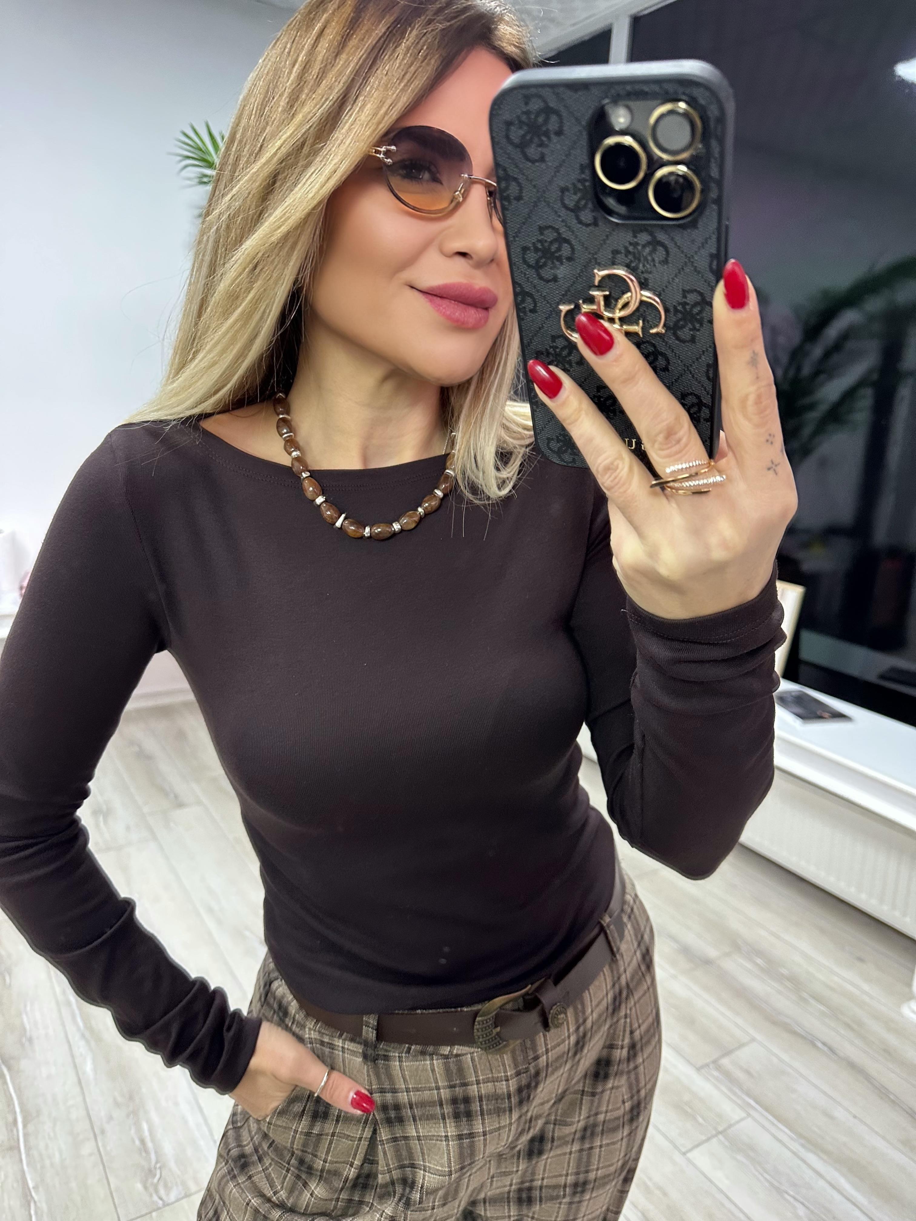 DLV Kahve Kayık Yaka Bluz