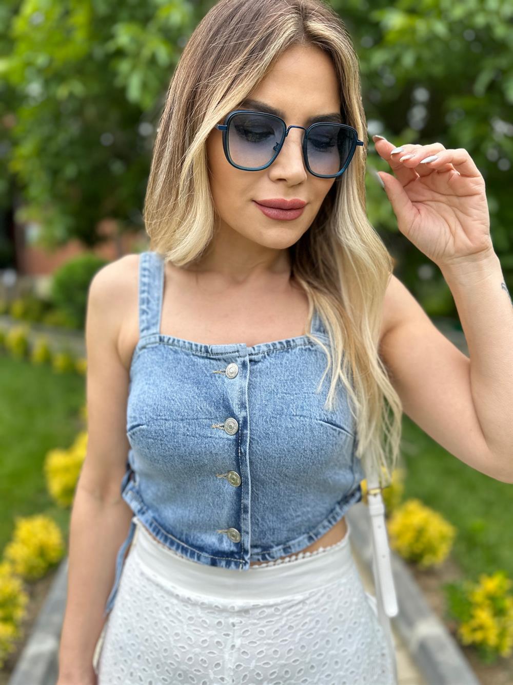 DLV Mavi Kot Yandan İpli Crop 