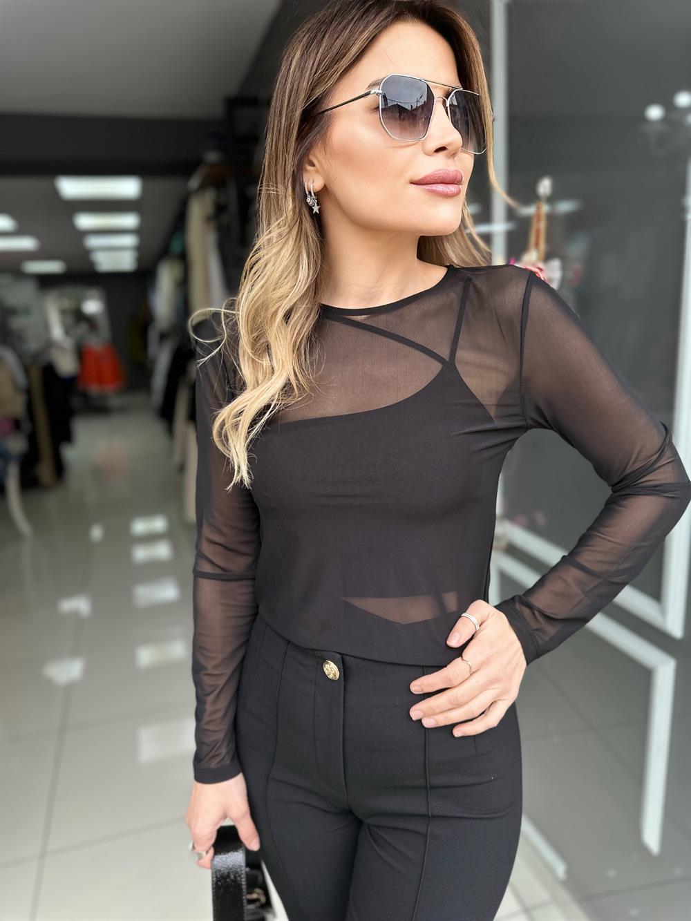 DLV Siyah Crop Tül Bluz